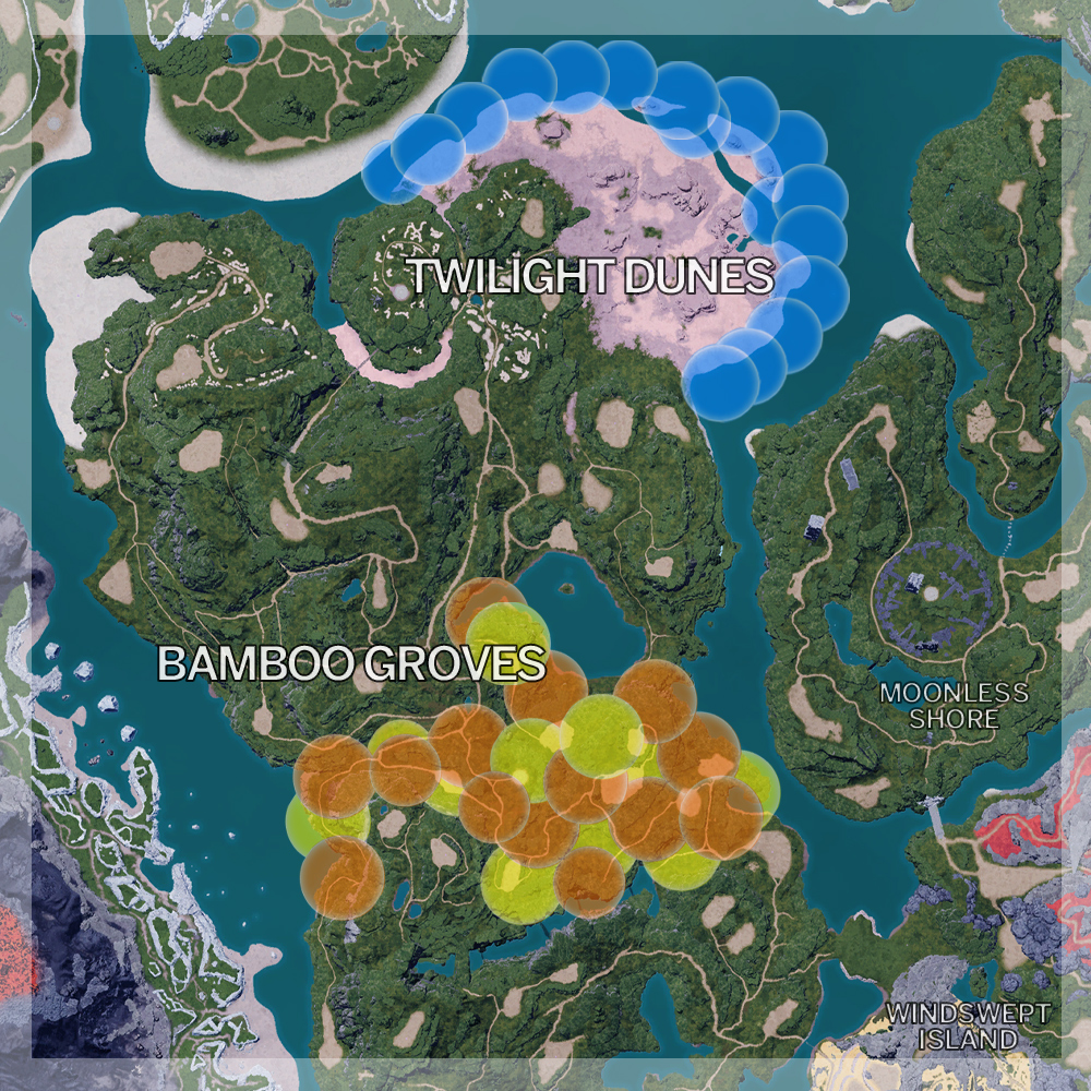 Palworld 1.0 map highlighting where you can find new pals in the Bamboo Groves and Twilight Dunes.