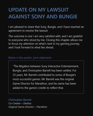 Former Destiny 2 and Marathon director settles $200 million lawsuit against Sony and Bungie: ‘The outcome is one I am very satisfied with’
