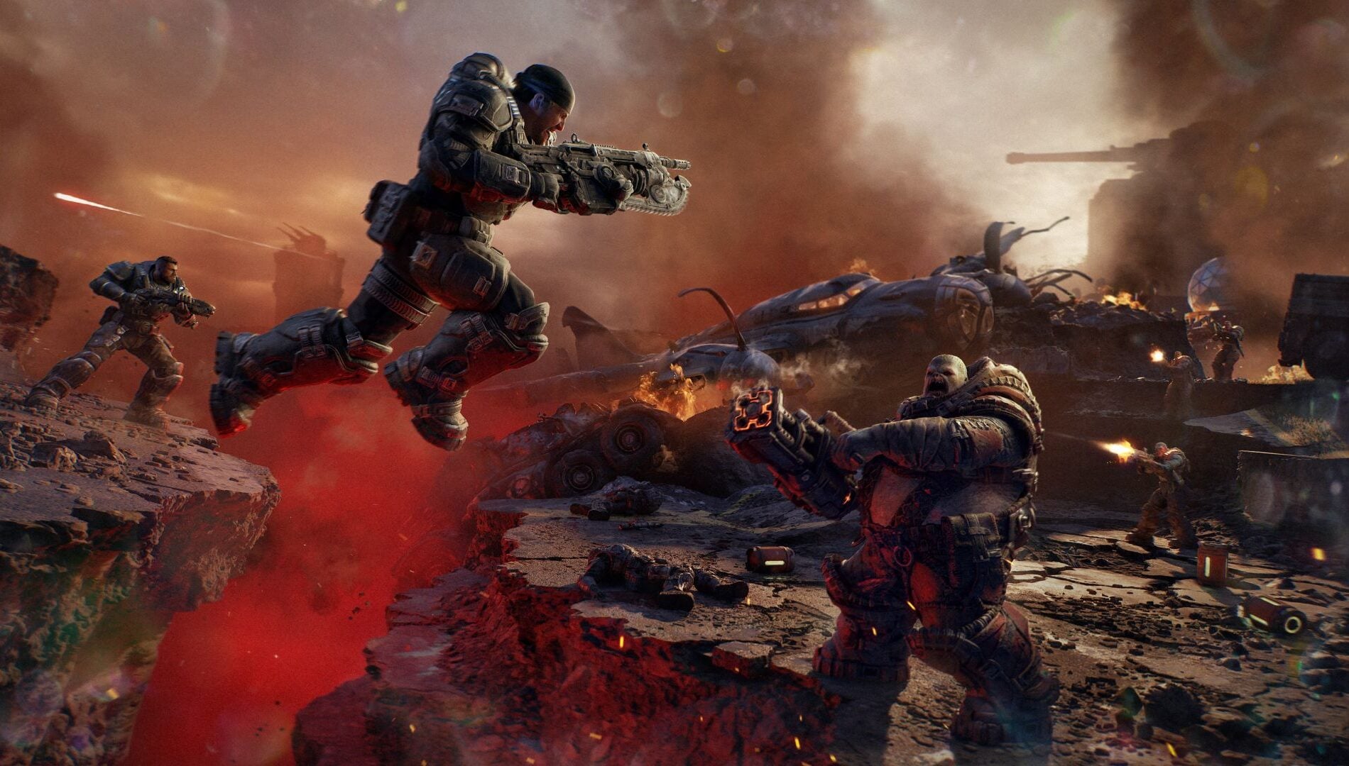 Marcus Fenix jumps at a Locust.