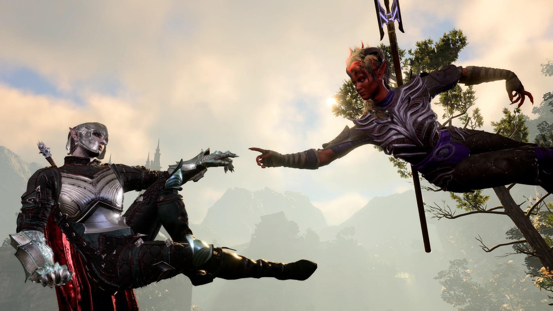 A screenshot from Baldur's Gate 3, featuring Karlach and Tav recreating Michelangelo's 