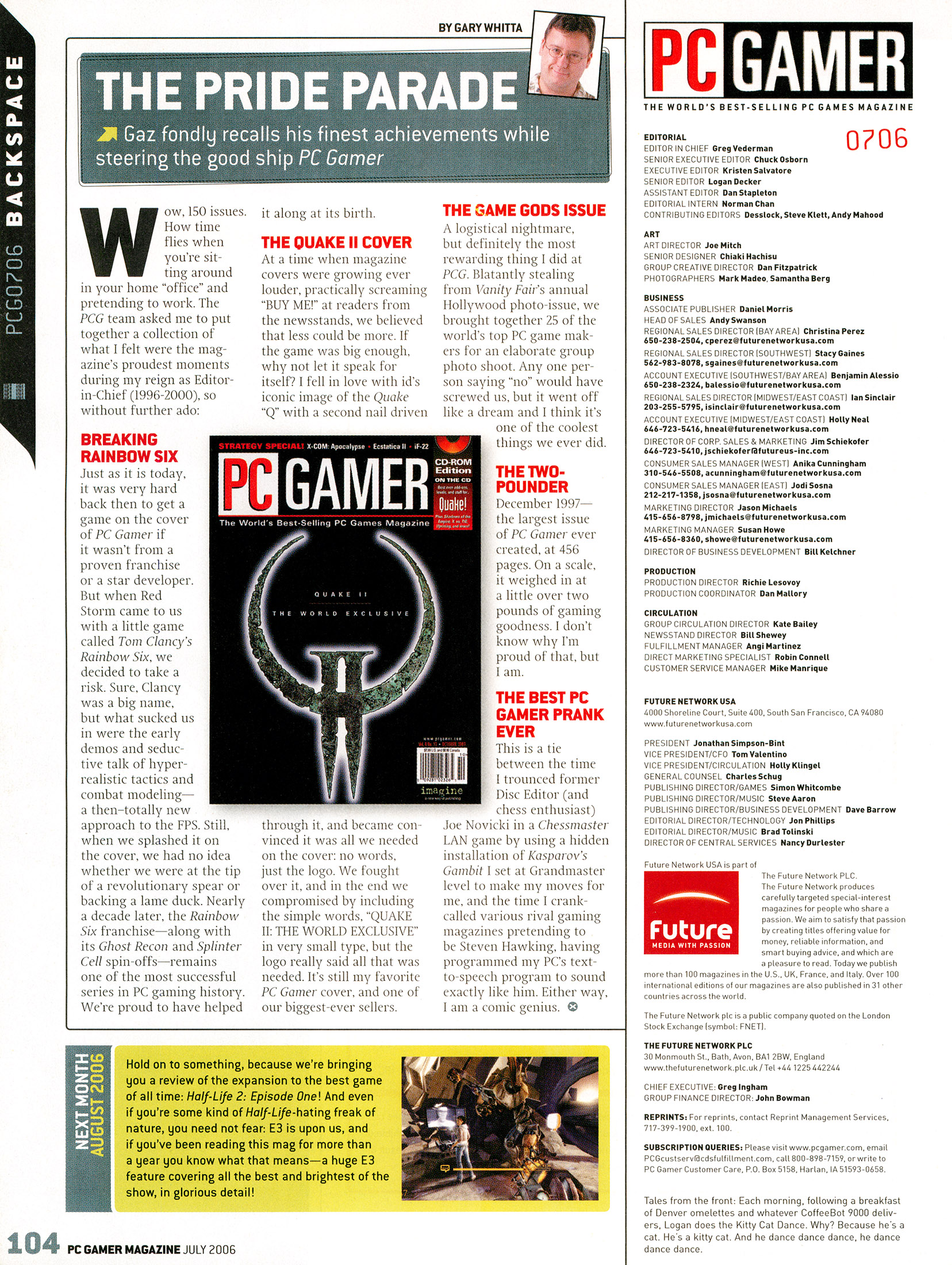 Gary Whitta's Backspace column celebrates 150 issues with memories: Breaking Rainbow Six, The Quake 2 cover, The Game Gods issue, The Two-Pounder, and The Best PC Gamer Prank Ever