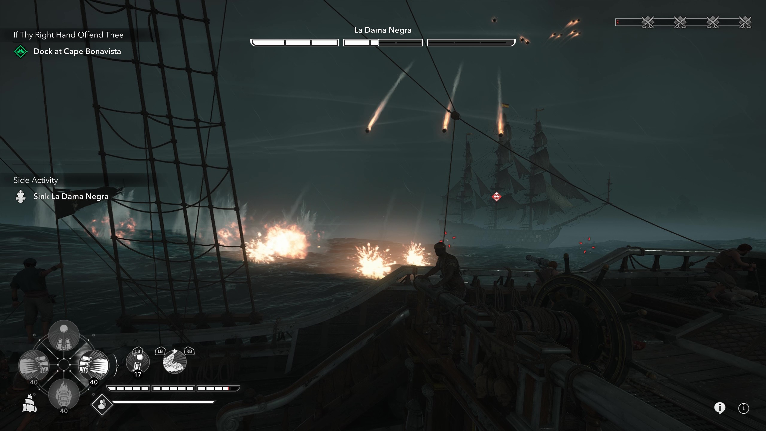 Black Flag legendary ships: Gameplay of naval combat against La Dama Negra, raining firing cannonballs down.
