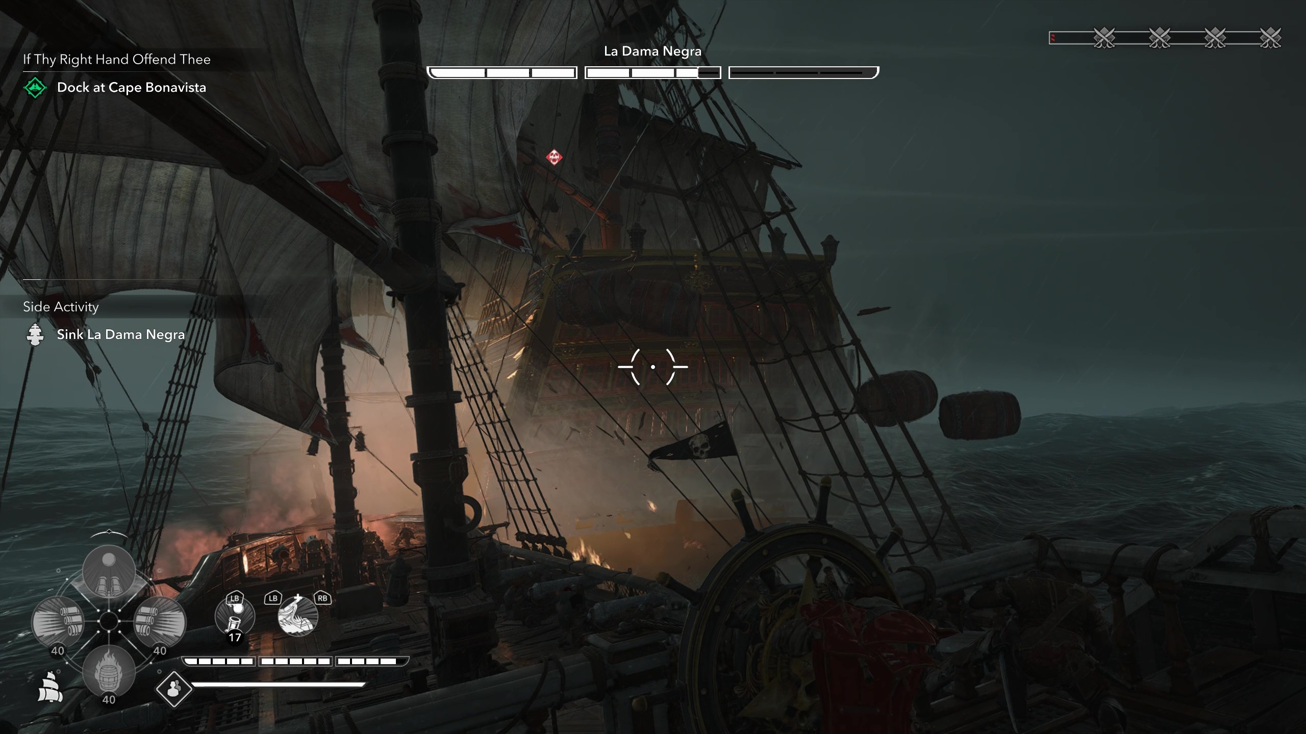 Black Flag legendary ships: Gameplay of naval combat against La Dama Negra, dropping explosive barrels behind it.