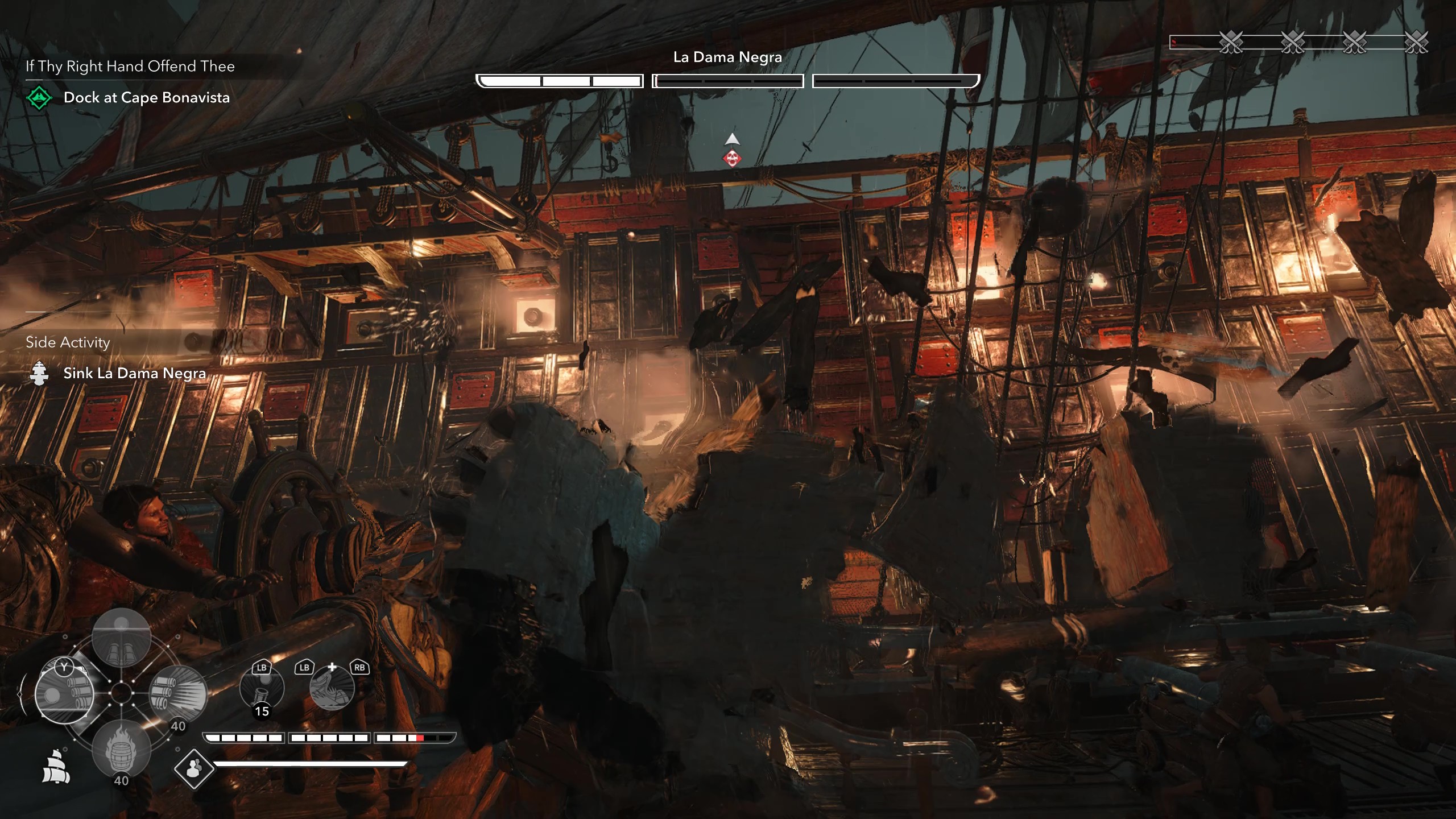 Black Flag legendary ships: Gameplay of naval combat with the player trading cannonfire against La Dama Negra.