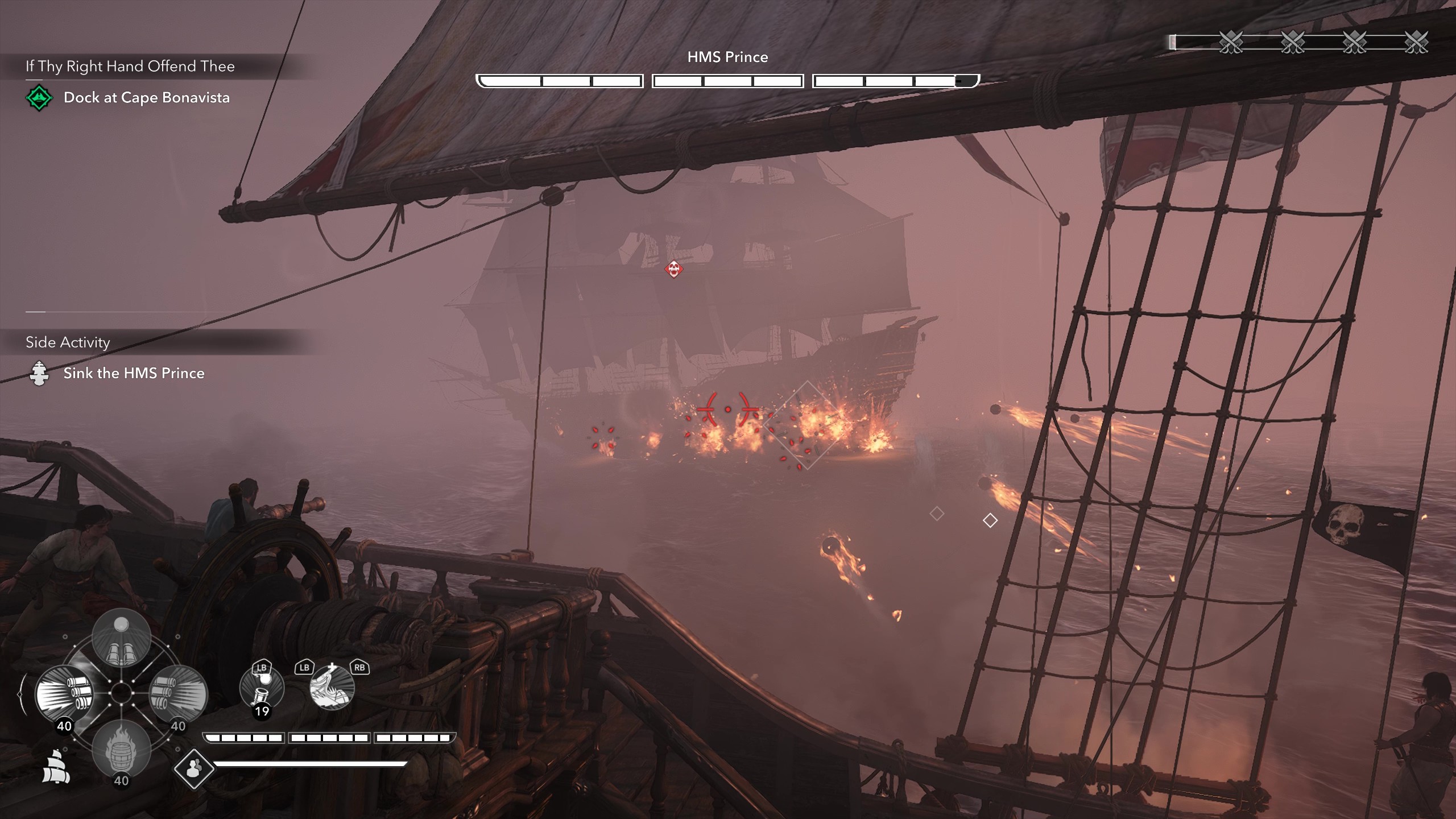 Black Flag legendary ships: Gameplay of naval combat, with the player firing broadsides against HMS Prince.