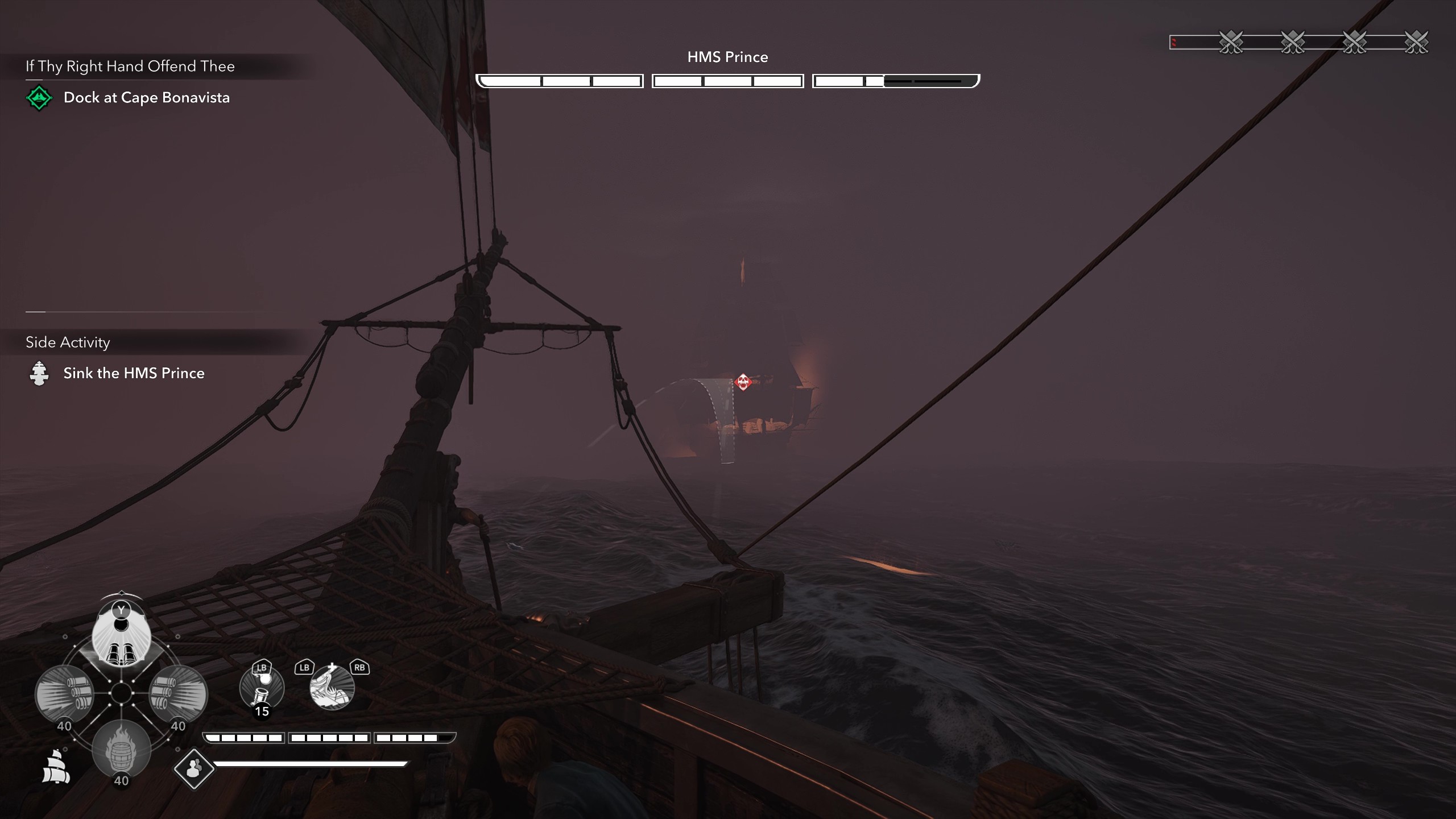 Black Flag legendary ships: Gameplay of naval combat against HMS Prince, hiding in the fog.