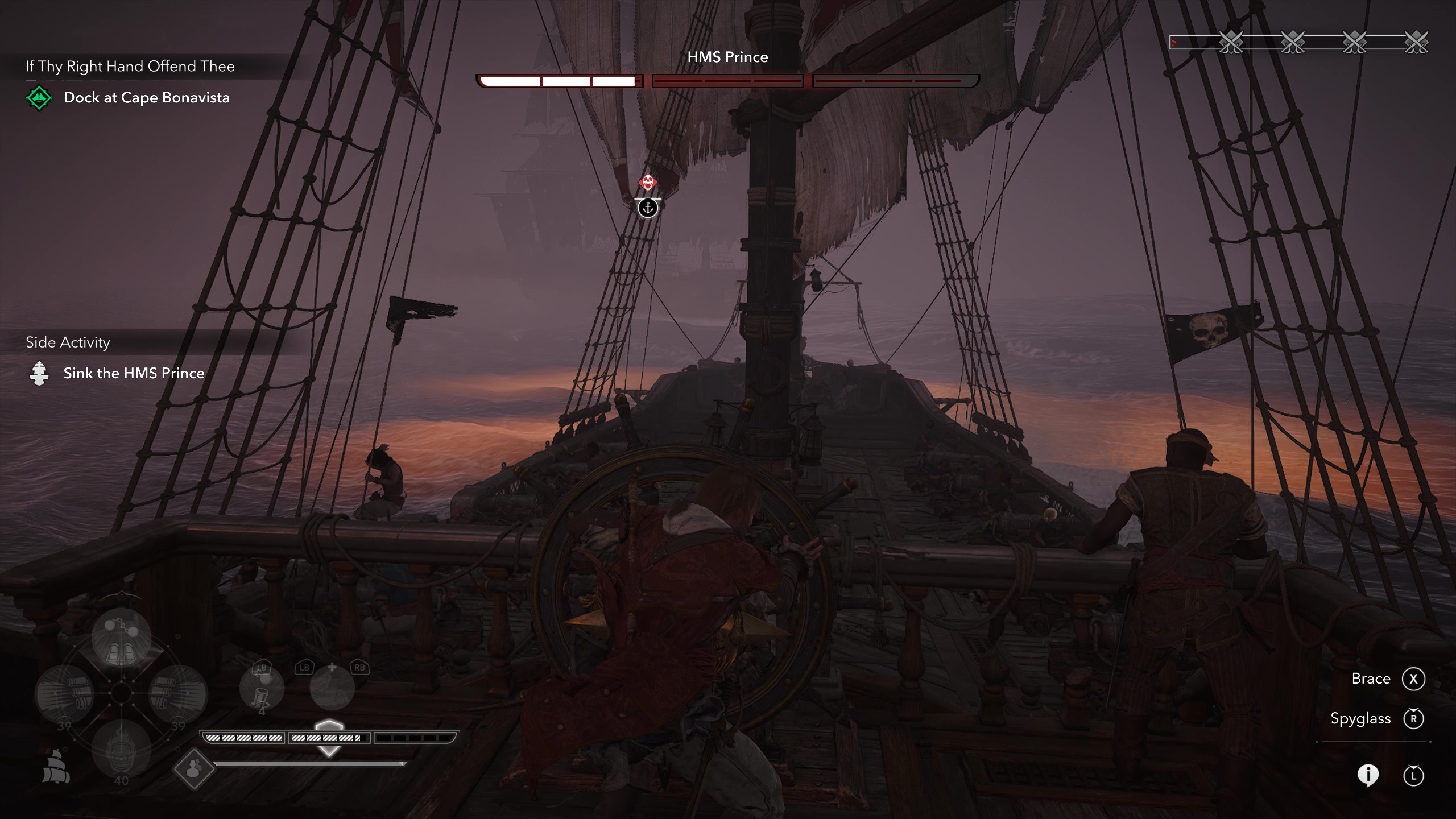 Black Flag legendary ships: Gameplay of naval combat against HMS Prince, with the player bracing for mortars.