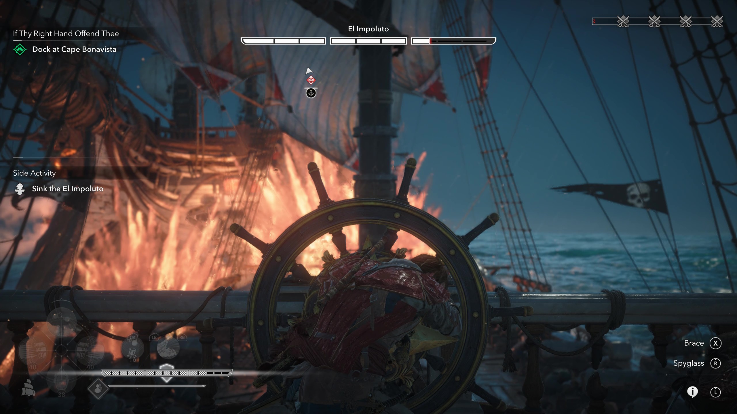 Black Flag legendary ships: Gameplay of naval combat against El Impoluto, showing the player bracing.