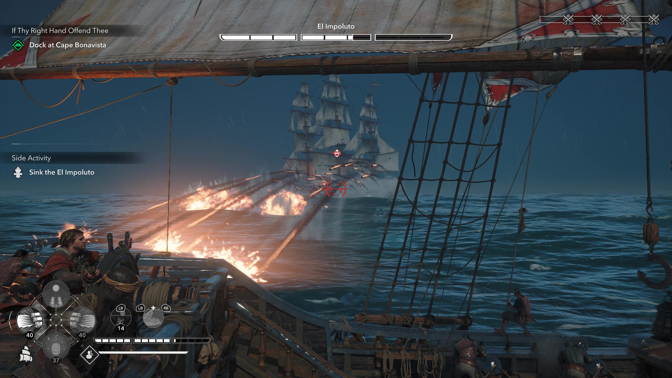 Black Flag legendary ships: Gameplay of naval combat trading gunfire with El Impoluto.
