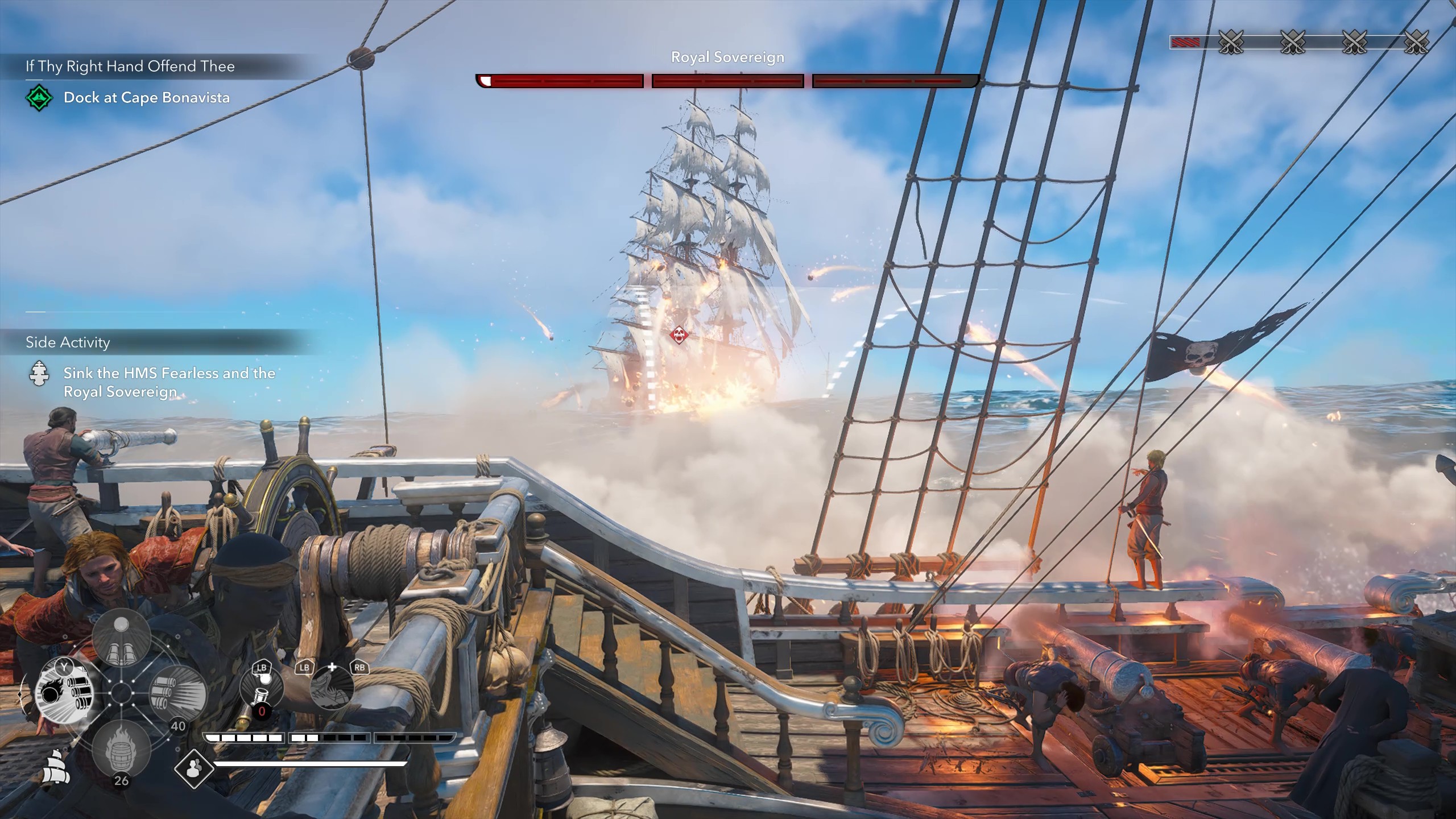 Black Flag legendary ships: Gameplay of naval combat showing the player trading gunfire against HMS Fearless.