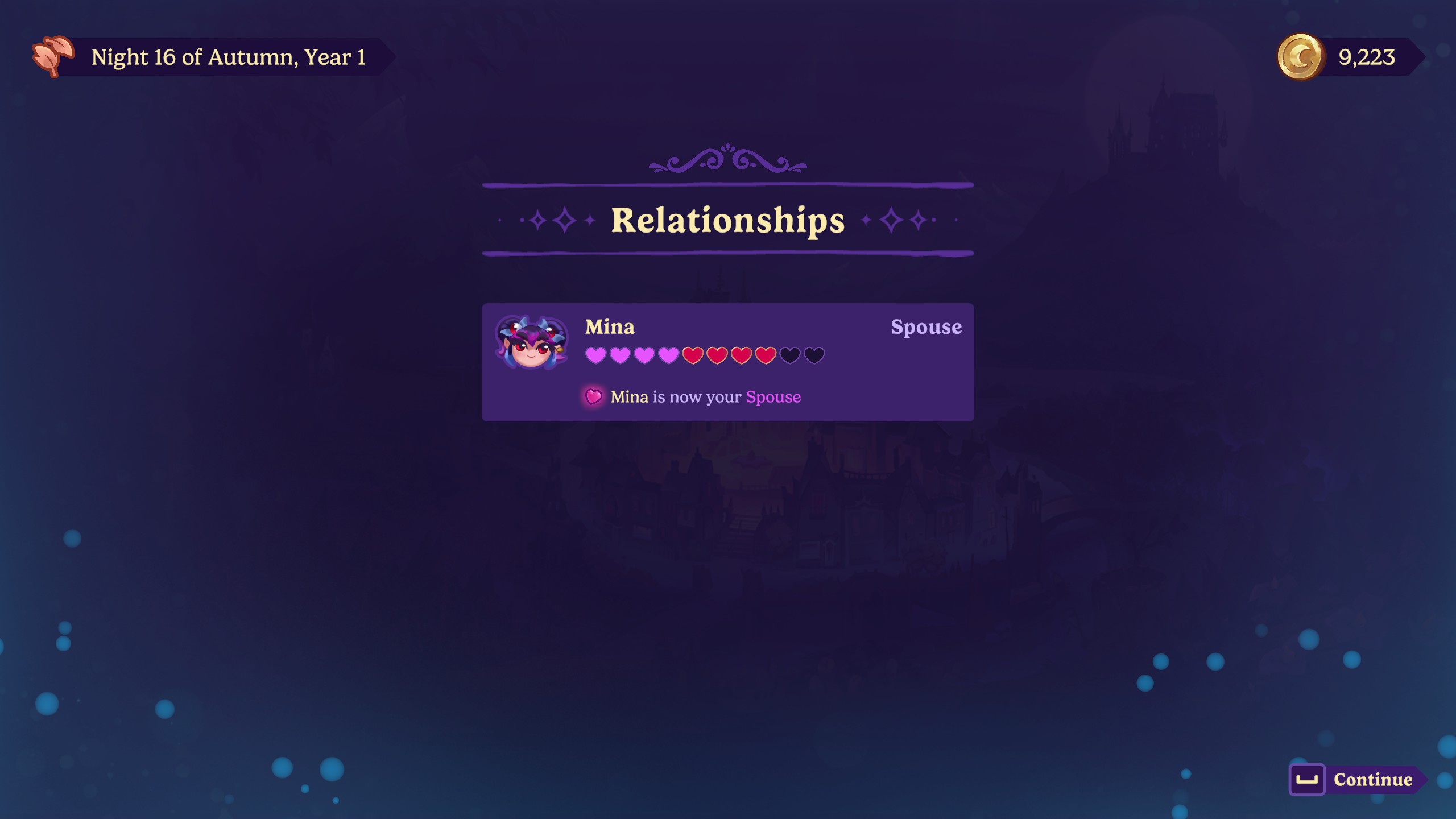 Moonlight Peaks - End of night relationship report showing Mina as the player's spouse.