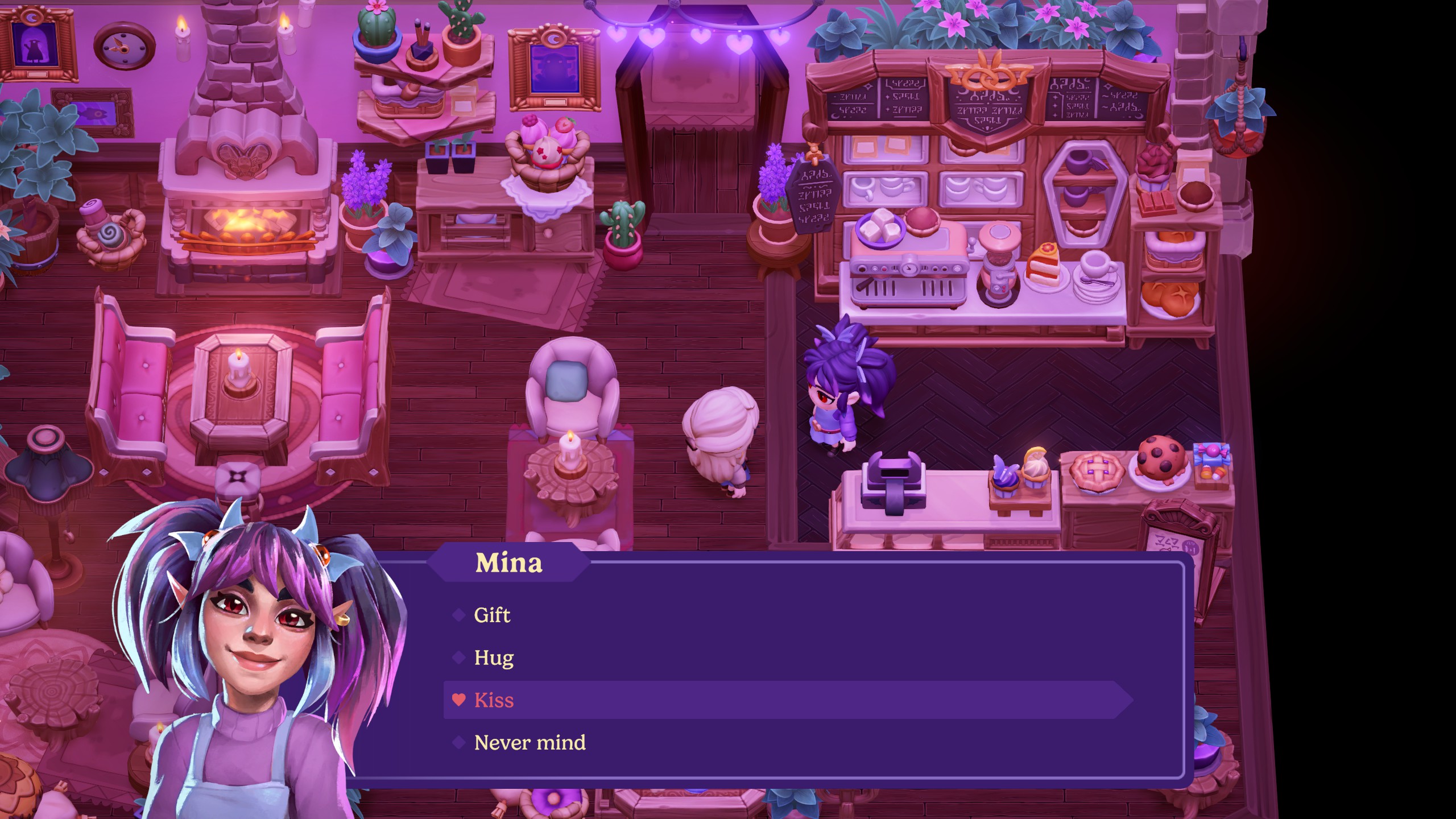 Moonlight Peaks - interaction options with Mina showing 