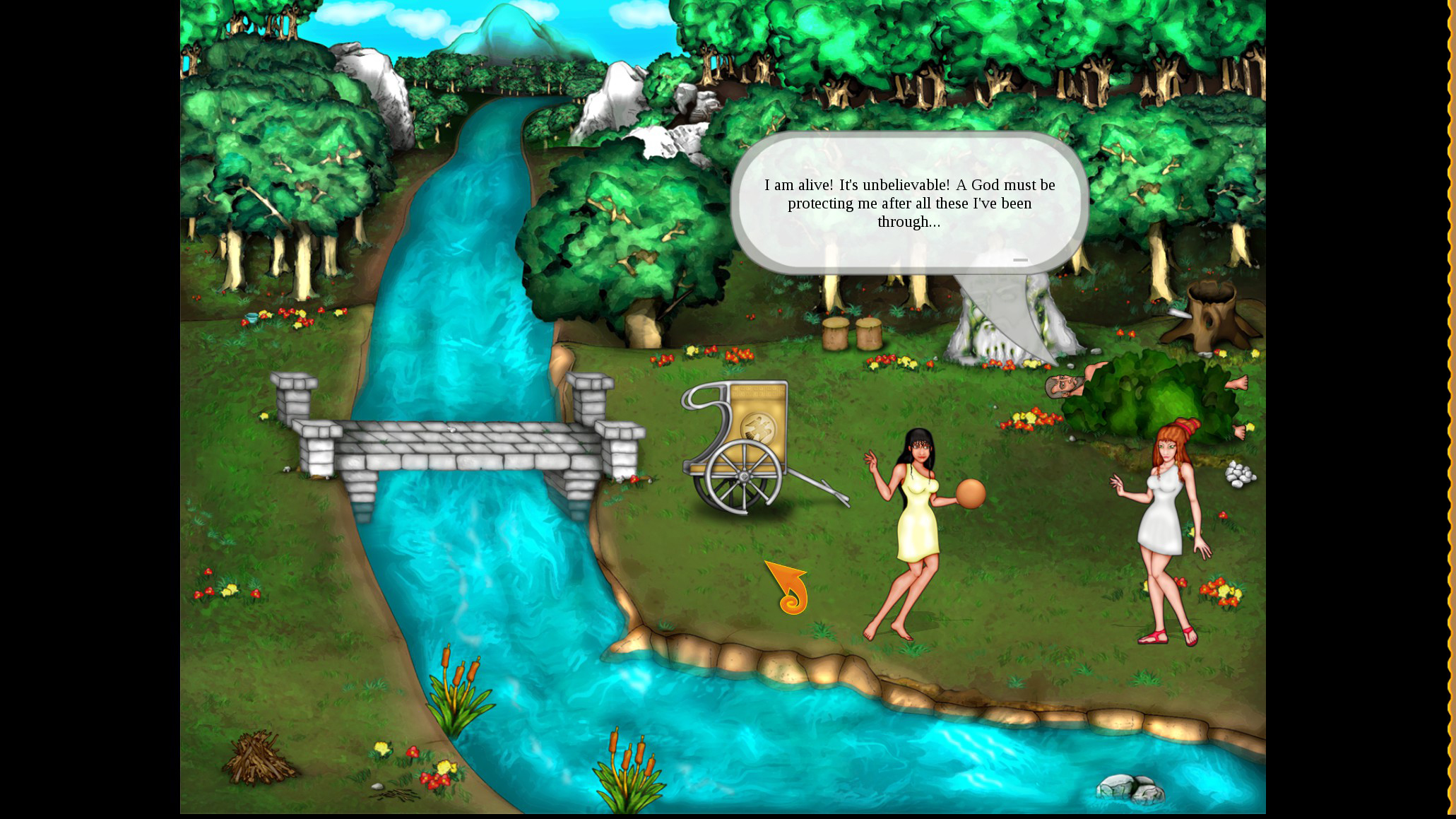 Women near a river while Odysseus hides in a bush