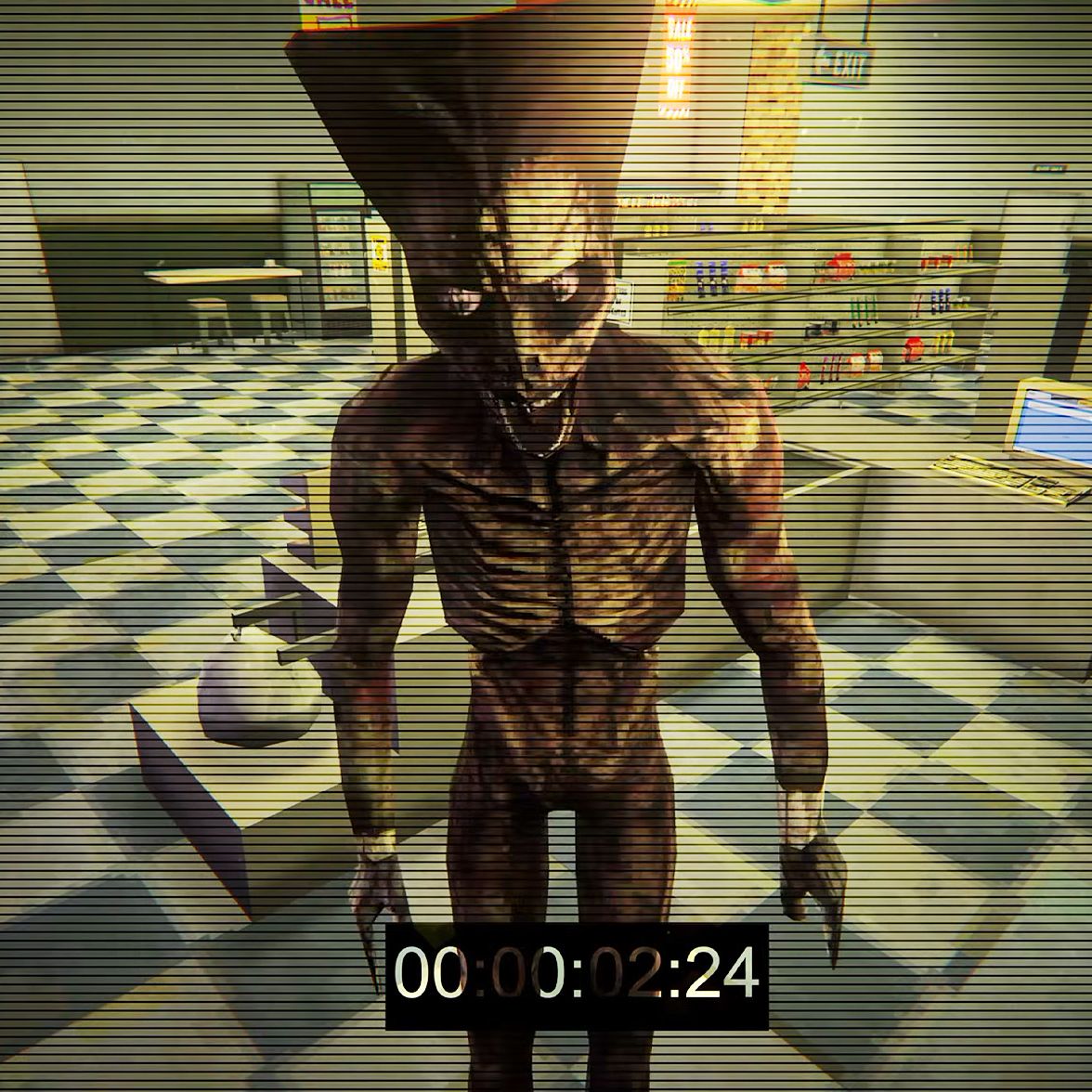 Shift at Midnight - A creepy skeletal monster up close from the perspective of a security camera