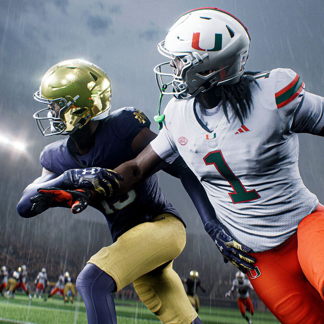 Football players from LSU and Utah chasing the ball in College Football 27