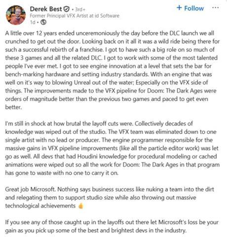 Laid-off id Software artist says Microsoft is ‘nuking the team into the dirt’ and is now the size of a ‘support studio’