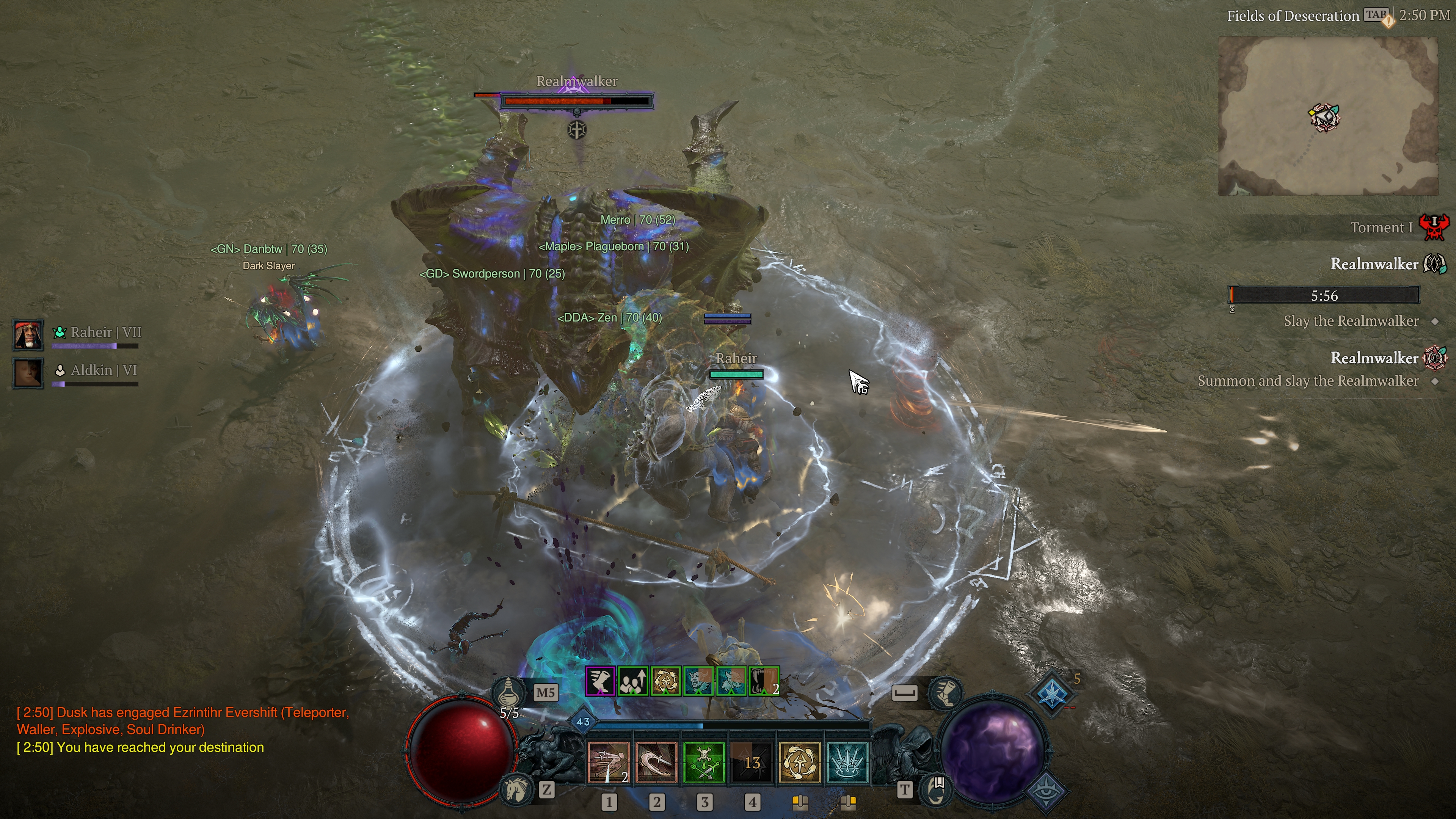 A Diablo 4 screenshot of a group of players battling against a massive demon in the open world.