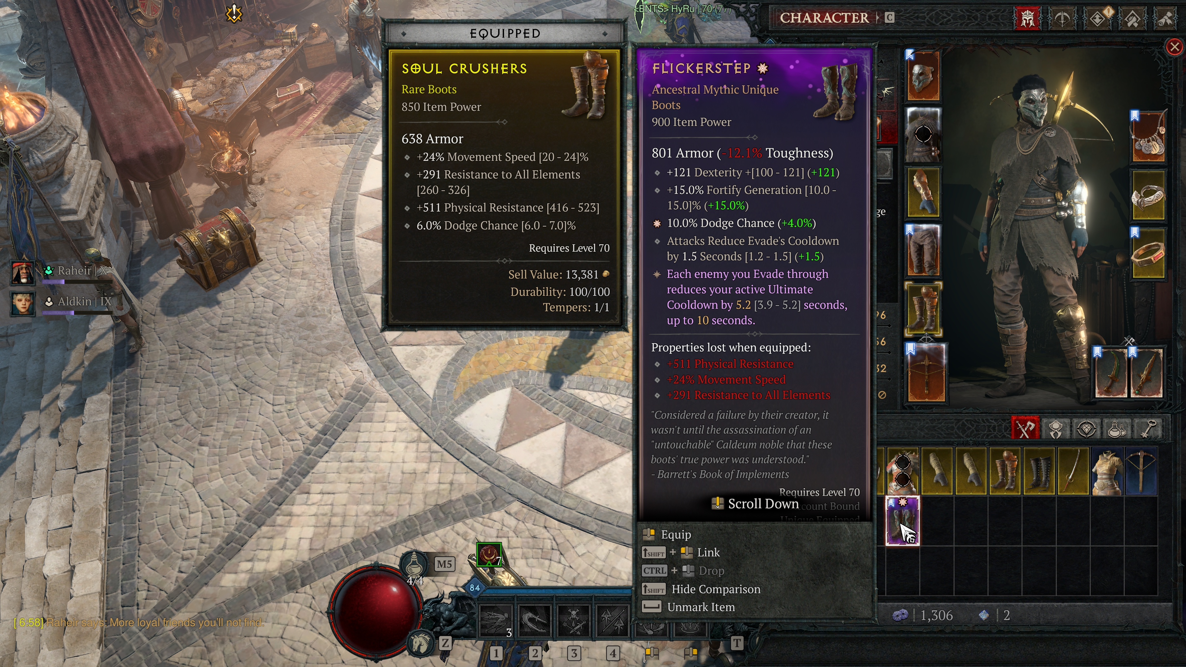 A screenshot of a Diablo 4 character and the purple tooltip of a Mythic Unique item.