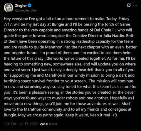 Marathon game director leaves Bungie just 4 months after launch: ‘I’ll be heading to something new, somewhere else’