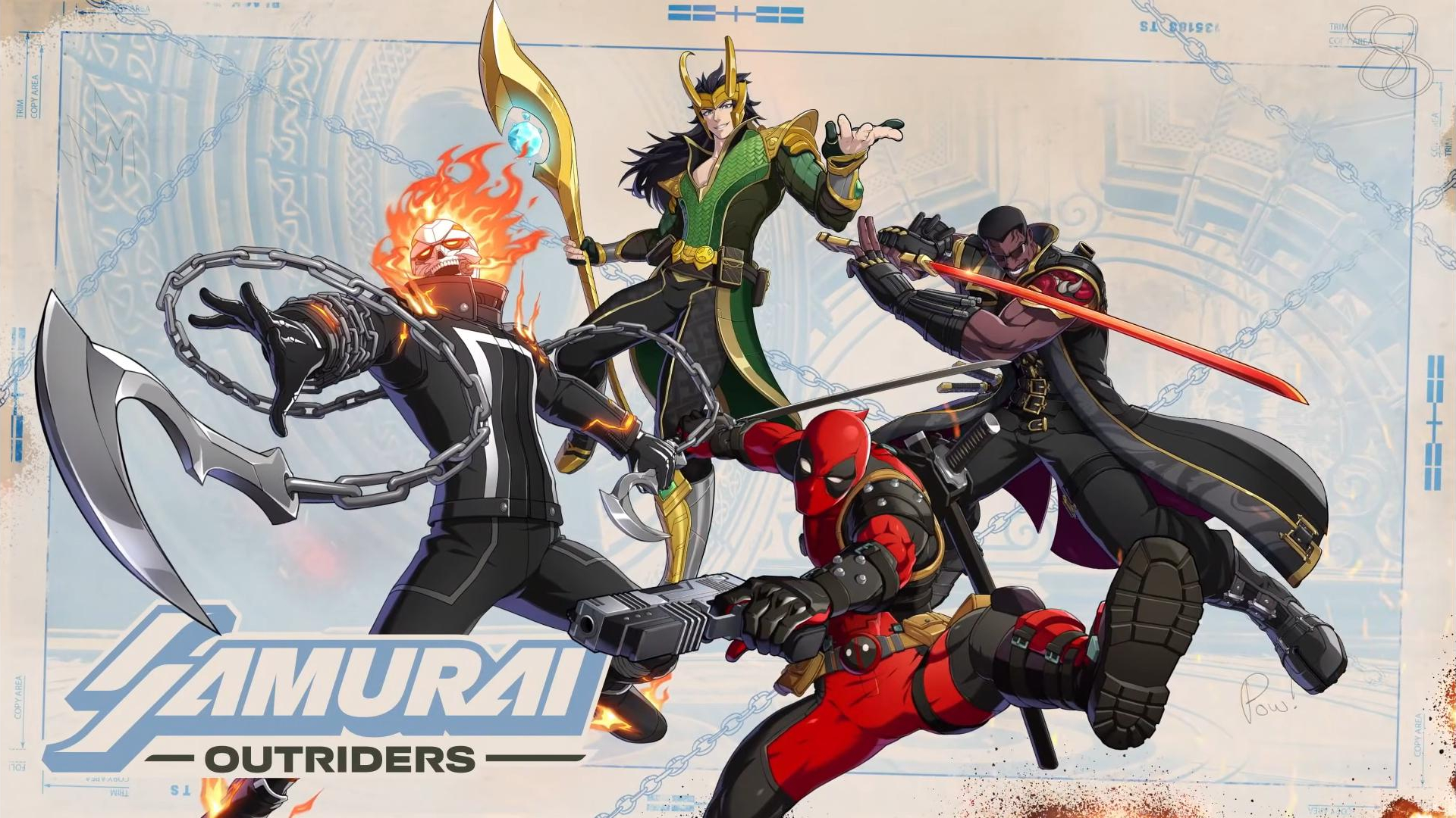 Marvel Tōkon: Fighting Souls - Official artwork showcasing the Samurai Outriders team, with Deadpool, Loki, Ghost Rider, and Blade.