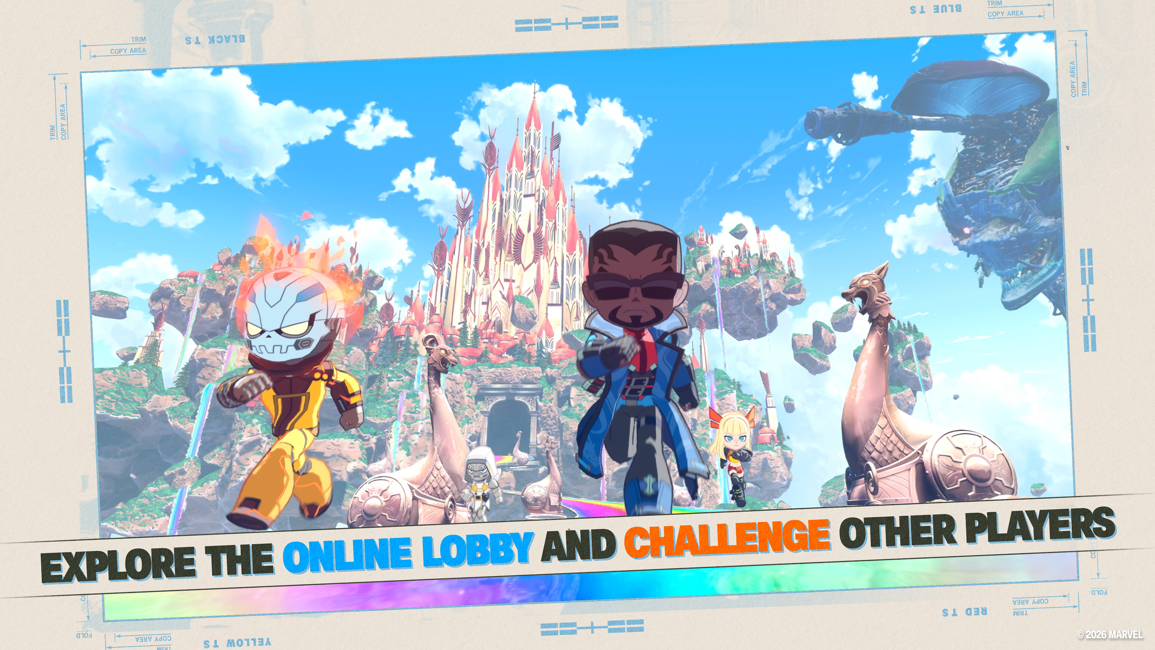 Marvel Tōkon: Fighting Souls - Official screenshot of th Open Lobby area, with an chibi style Blade and Ghost Rider walking towards the camera.
