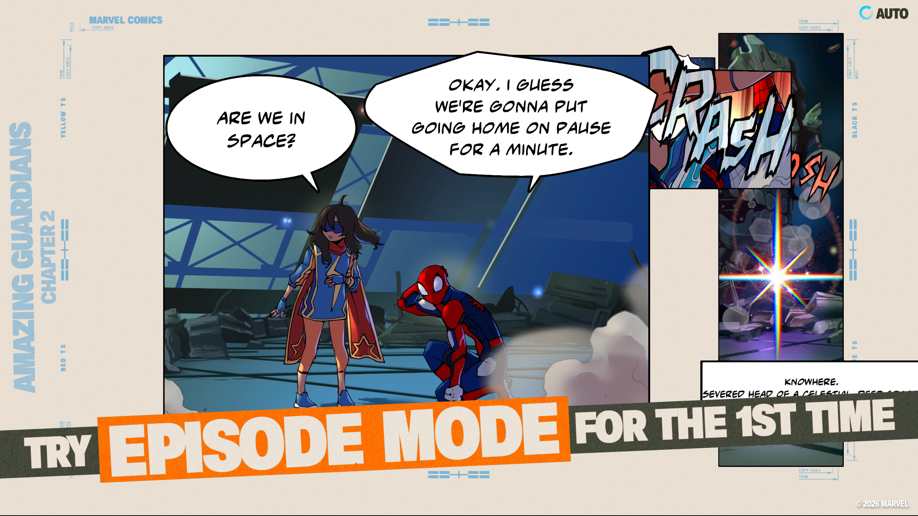 Marvel Tōkon: Fighting Souls - An official screenshot of a comic cutscene from Episode Mode, featuring Ms Marvel and Spider-Man.