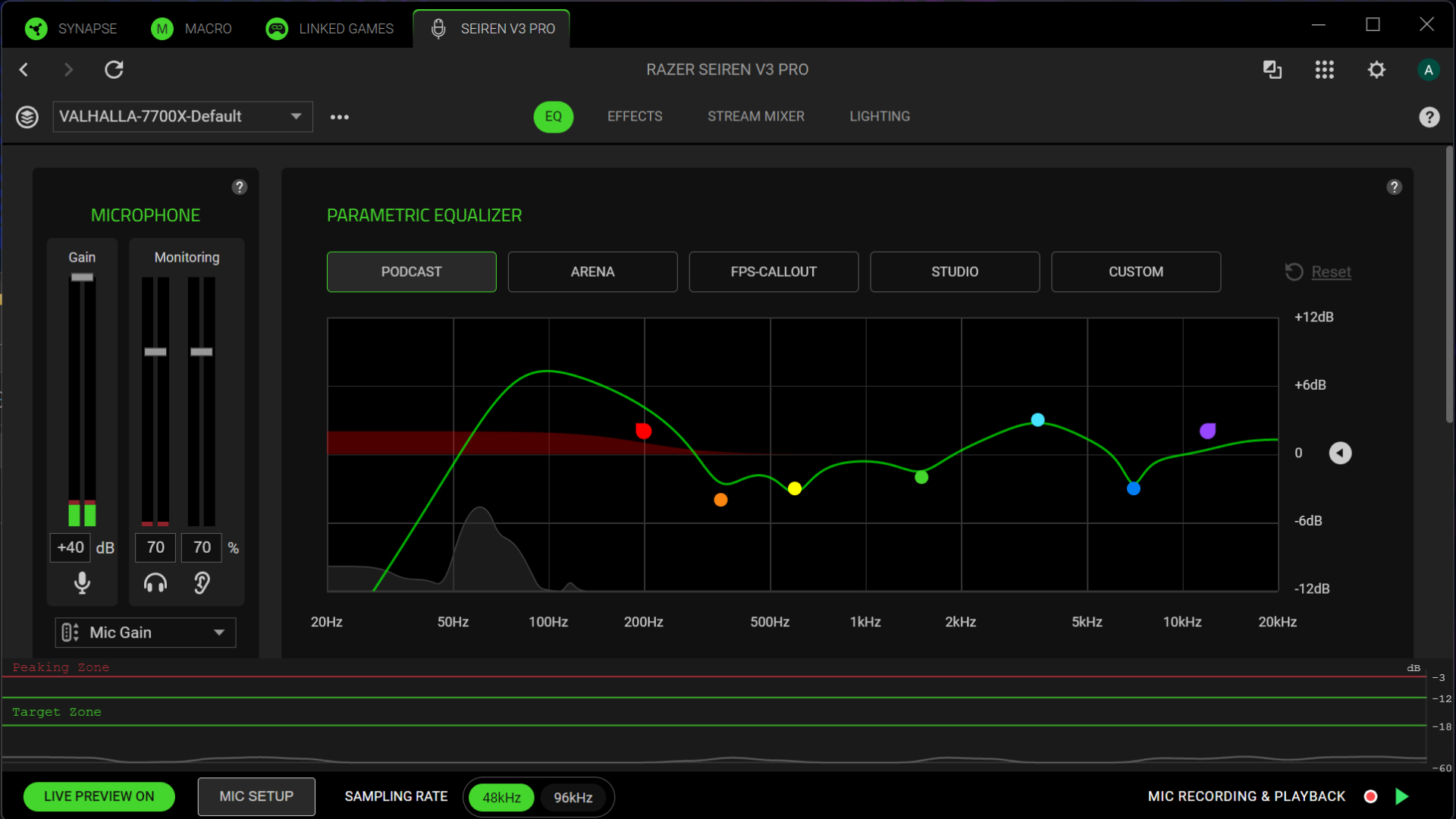 The parametric EQ settings of the Razer Seiren V3 Pro