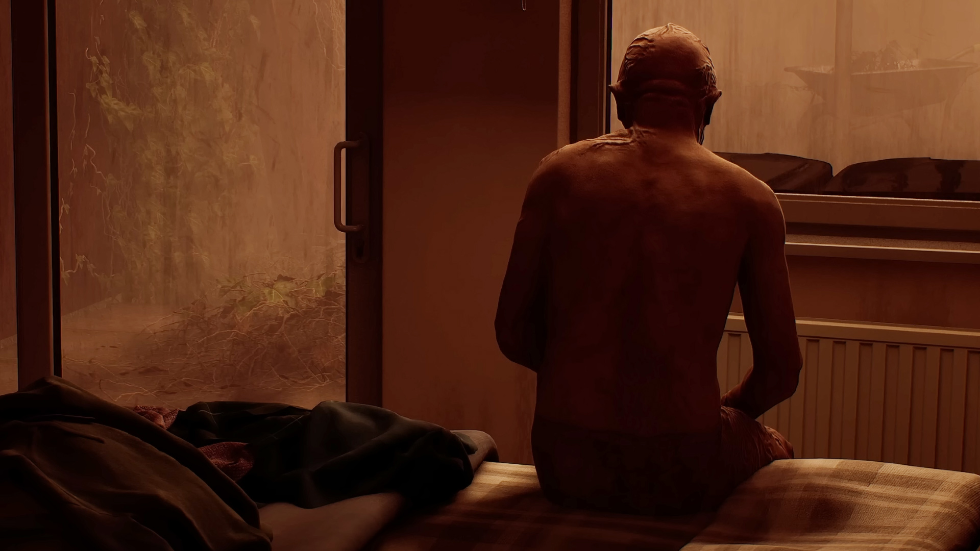 Silent Hill Townfall - Monster with its back to the camera sitting on a bed