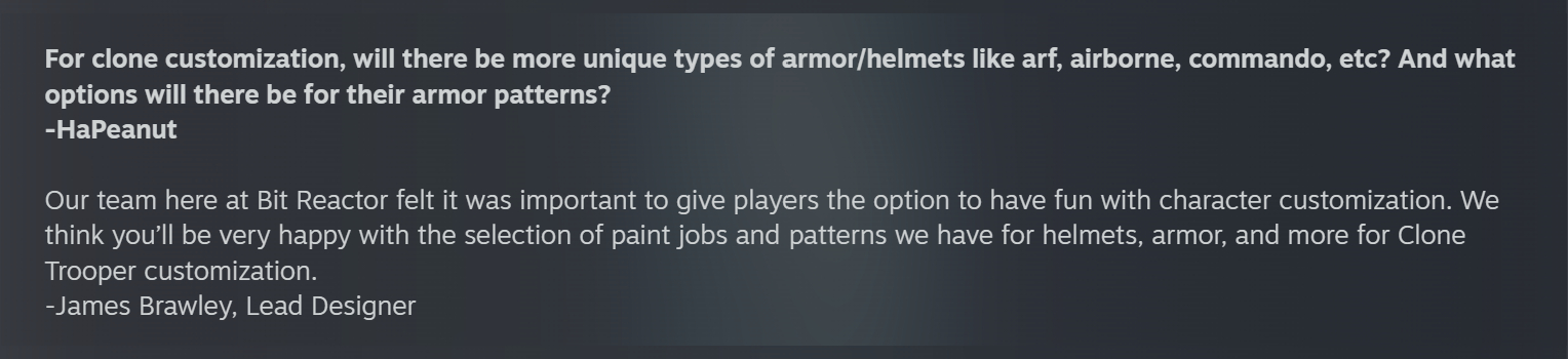 A screenshot from the Star Wars Zero Company Q&A on Steam, specifically a question about Clone armour customisation options.