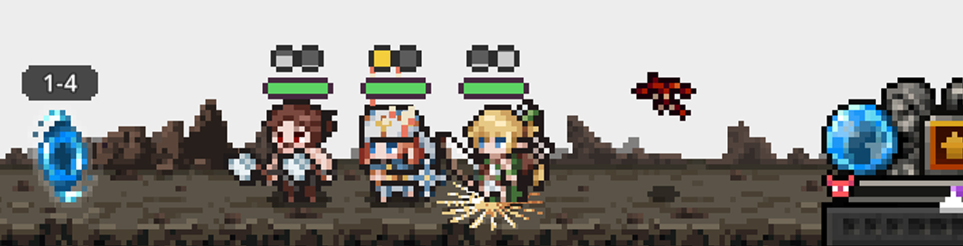 A team of sprites in Task Bar hero, the party consists of a Slayer, Priest, and Ranger.