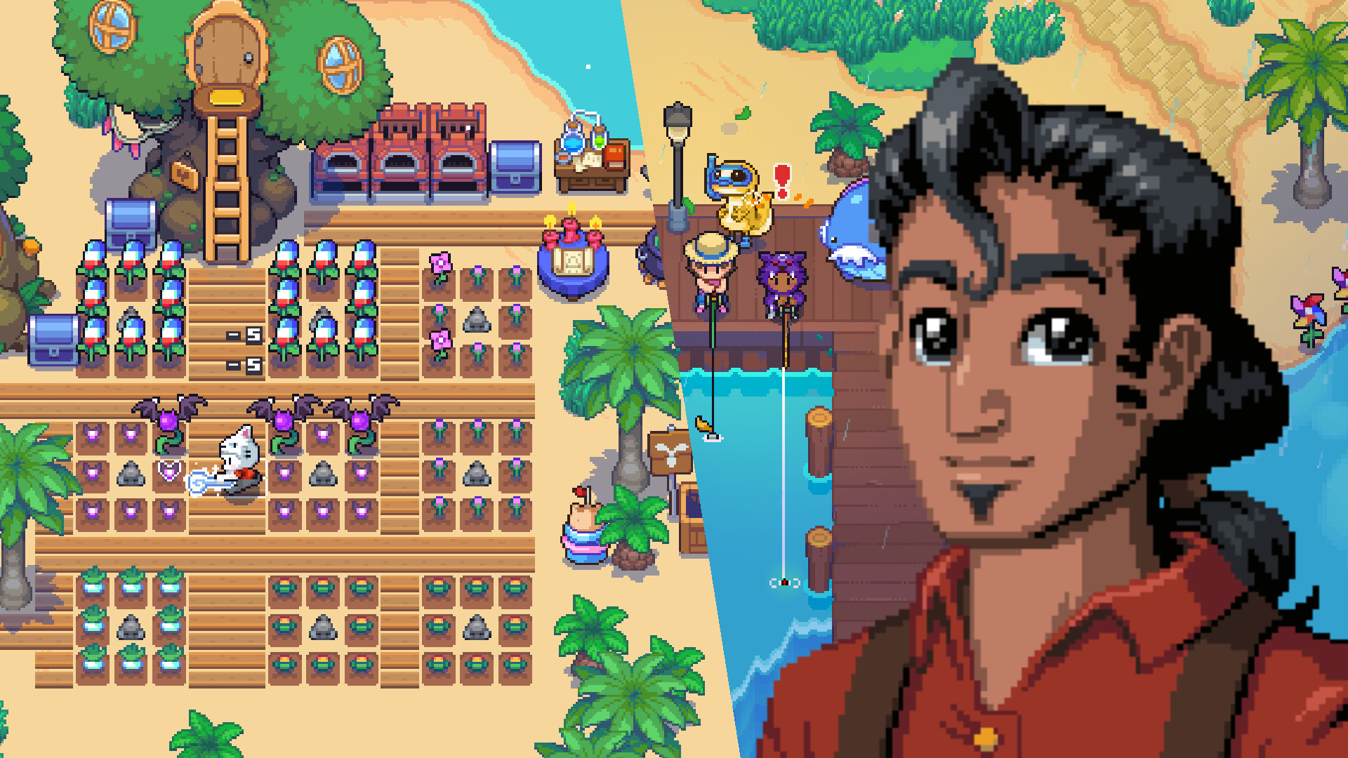 Right: A farmer waters their crops in Moonstone Island, Left: Paolo's portrait