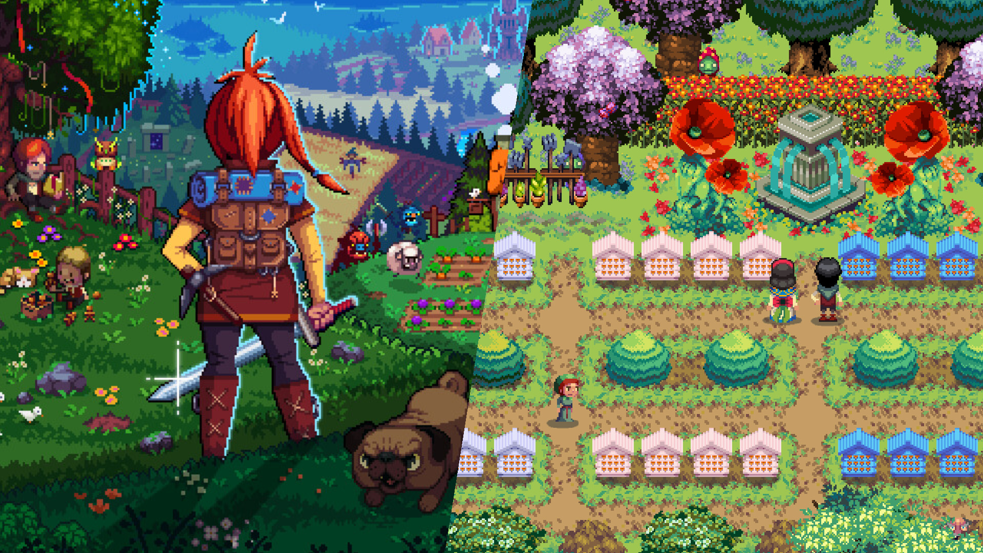 Left: Key art of Kynseed showing a player looking at a rolling green landscape, Right: A player looks at rows of bee houses in Kynseed