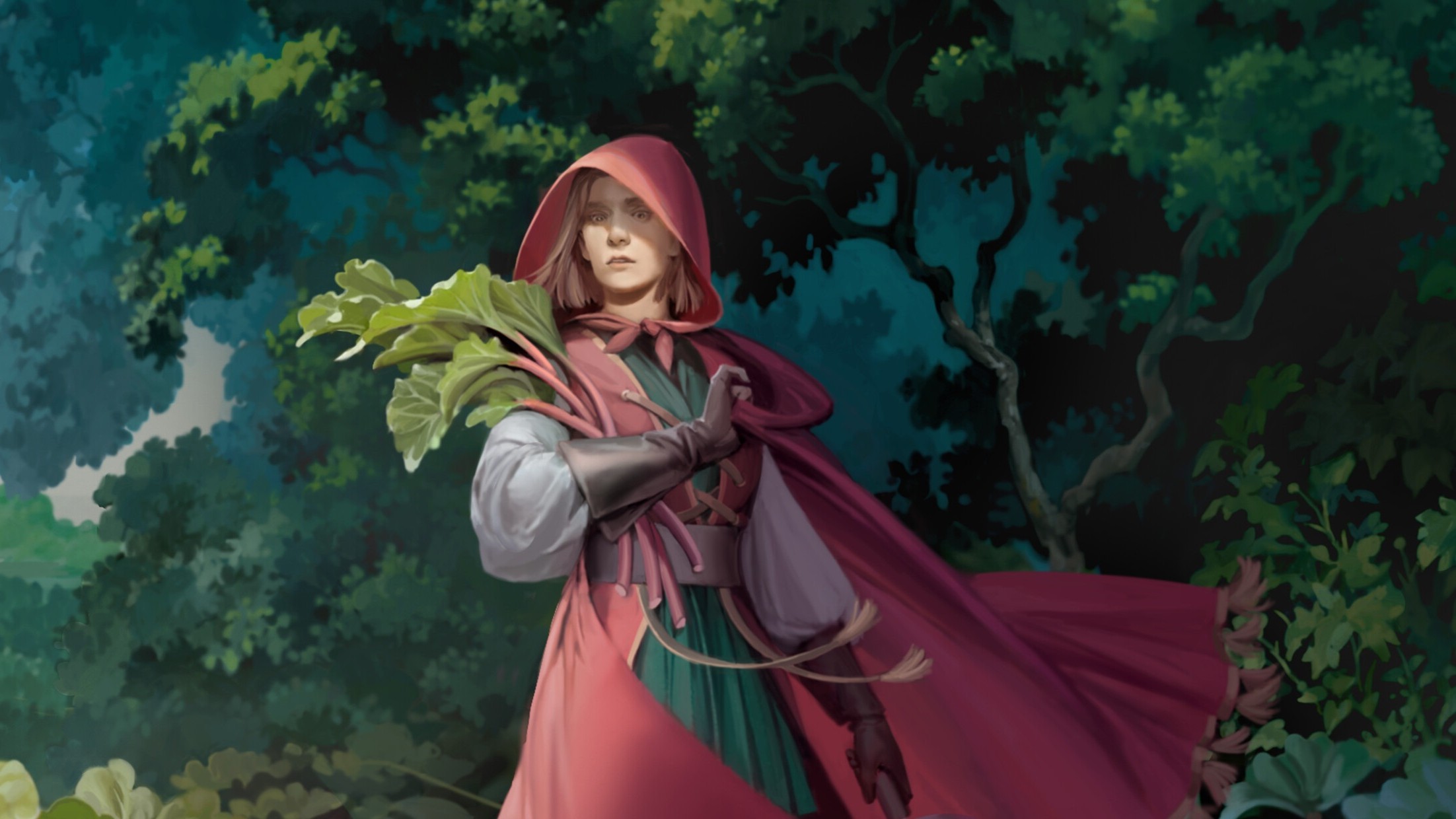 Mandrake - A farmer in a red cloak holds vegetables in a forest
