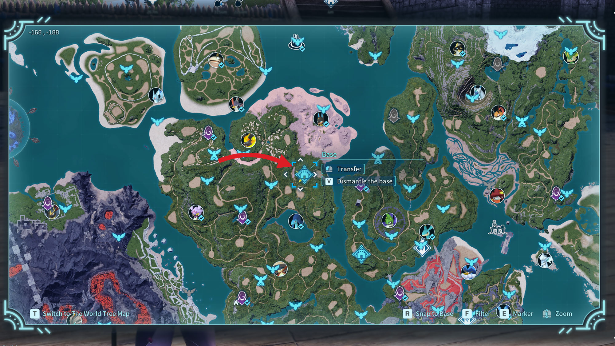 The Palworld map showing Investigator's Fork. There's a red arrow pointing to a base placed on the eastern side of the island, south of the Twilight Dunes. 