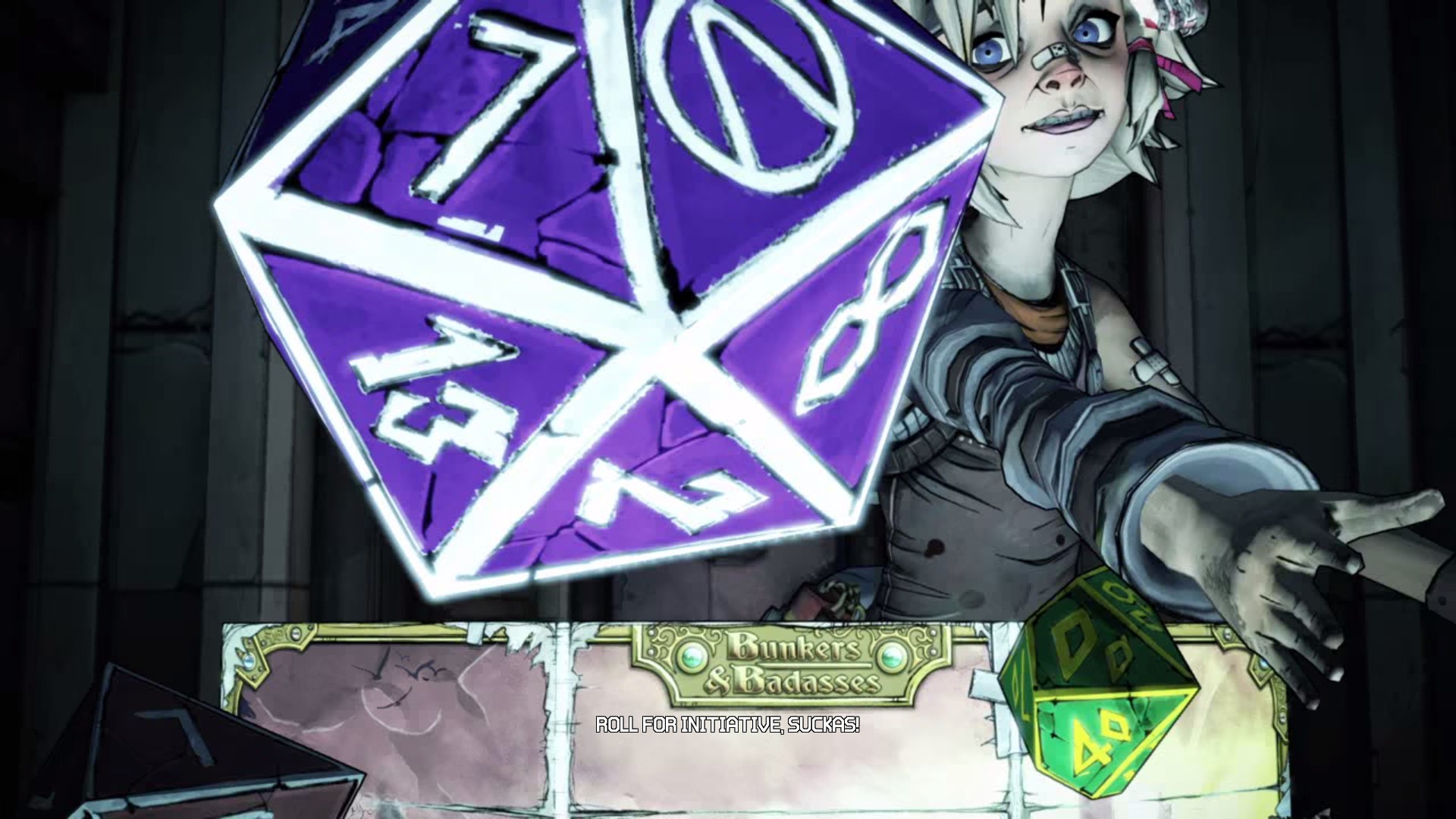 Tiny Tina rolls some dice from behind a Bunkers & Badasses screen