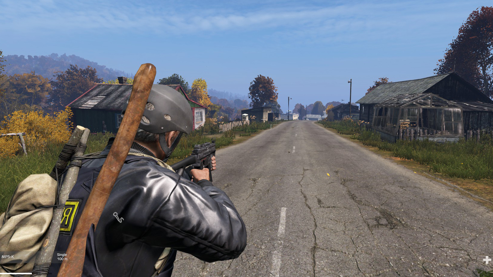 A DayZ survivor aiming his gun.