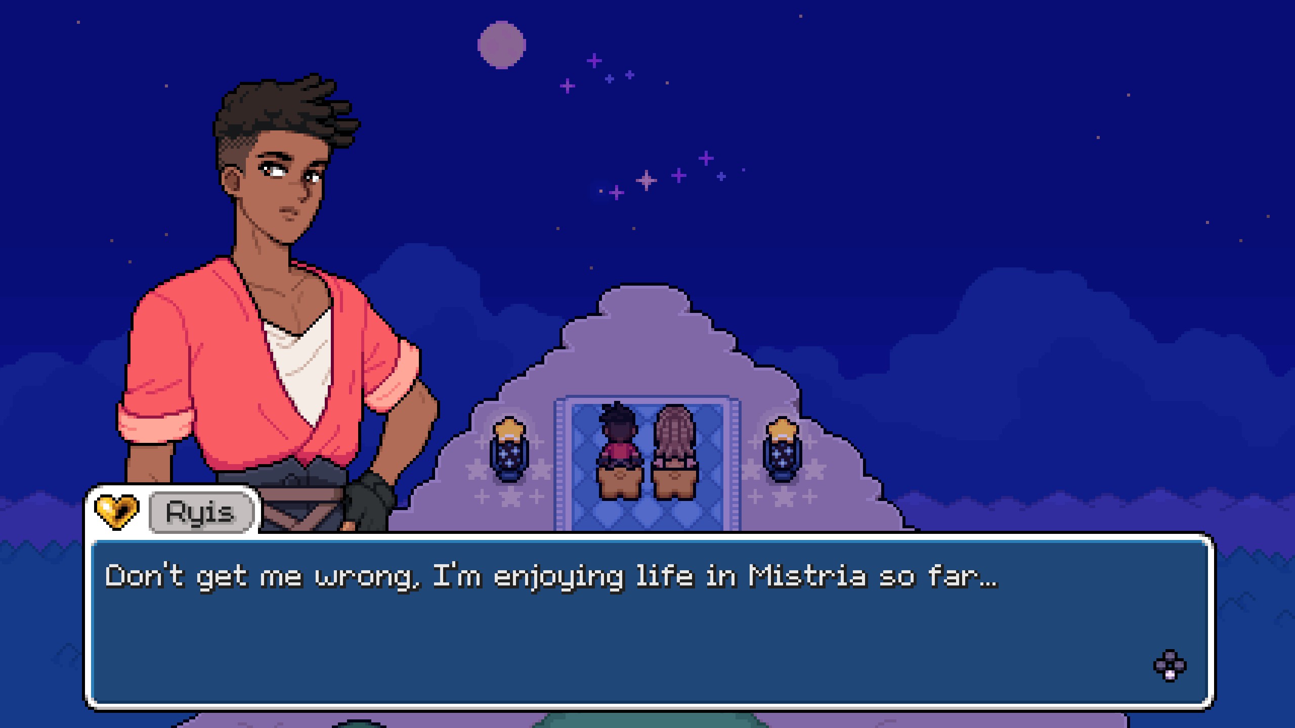 Fields of Mistria - Ryis sits at the summit for the Shooting Star Festival with the player and says 