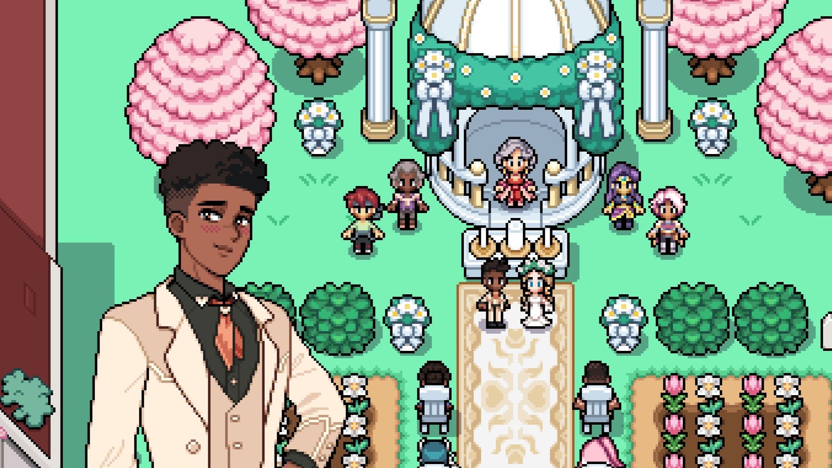 Fields of Mistria- Ryis at the altar with the player for a sping wedding