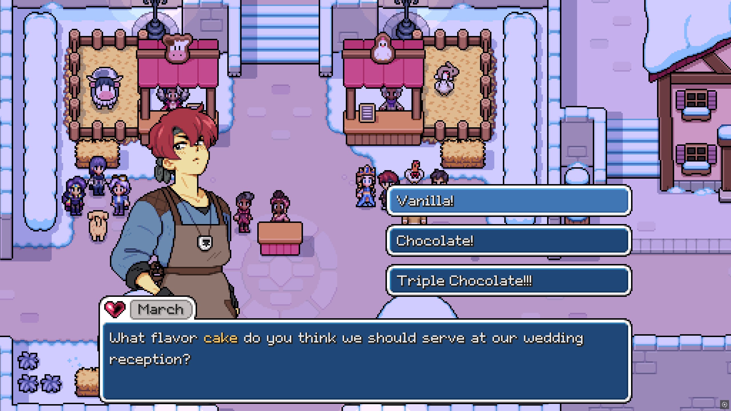 Fields of Mistria - March asks the player what flavor wedding cake they should have
