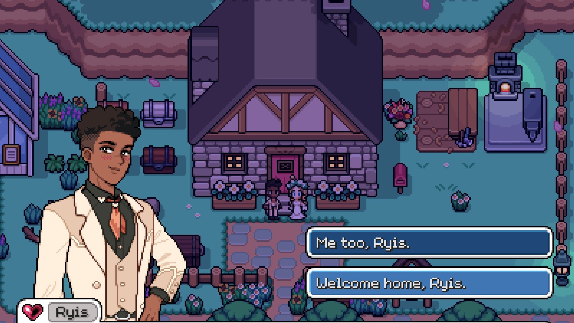 Fields of Mistria - Ryis in his wedding tuxedo outside the farm house with the player who says 