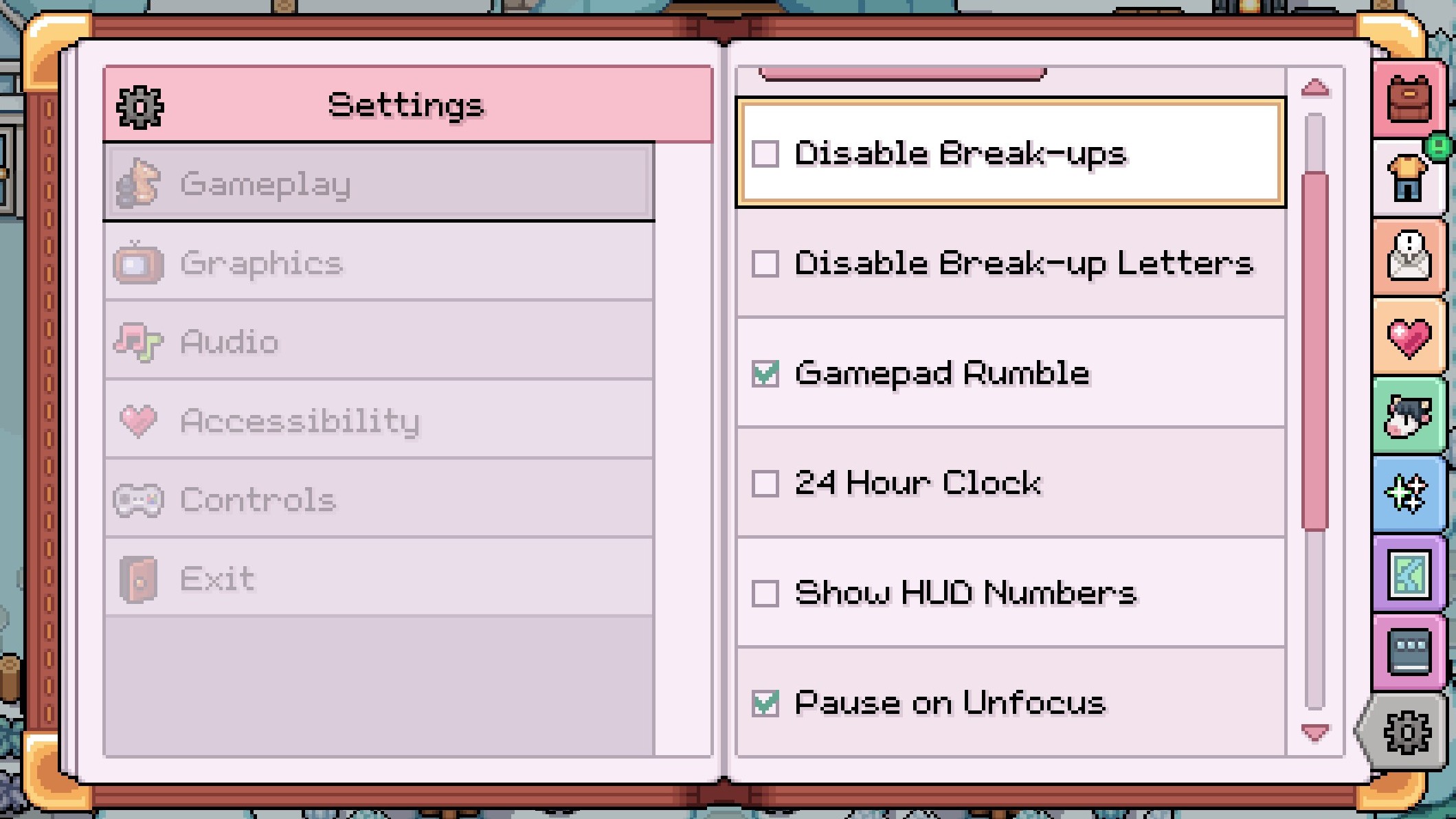 Fields of Mistria - Gameplay settings menu showing tick boxes for 