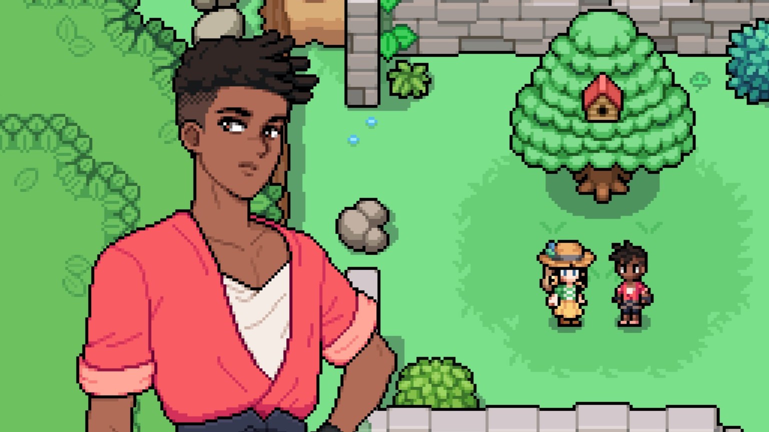 Fields of Mistria - Ryis looks thoughtful standing in front of a birdhouse on the eastern road