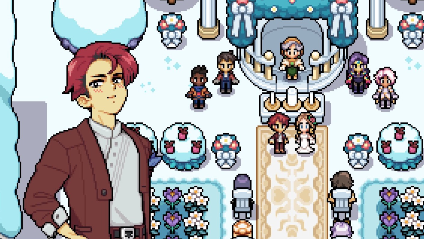 Fields of Mistria - March smiles contendedly at a wedding altar with the main character
