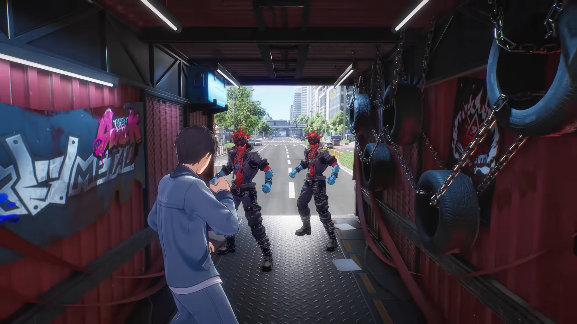 Ananta - The Captain holds up his fists to fight two enemies in a shipping crate