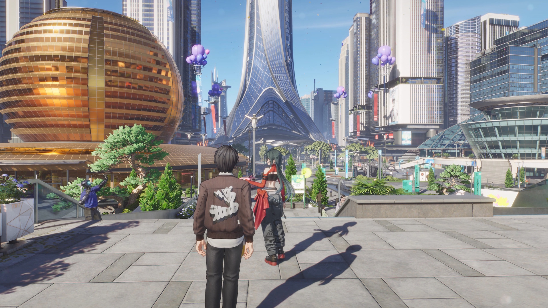 Ananta - The Captain and another character look together over a sci fi city plaza