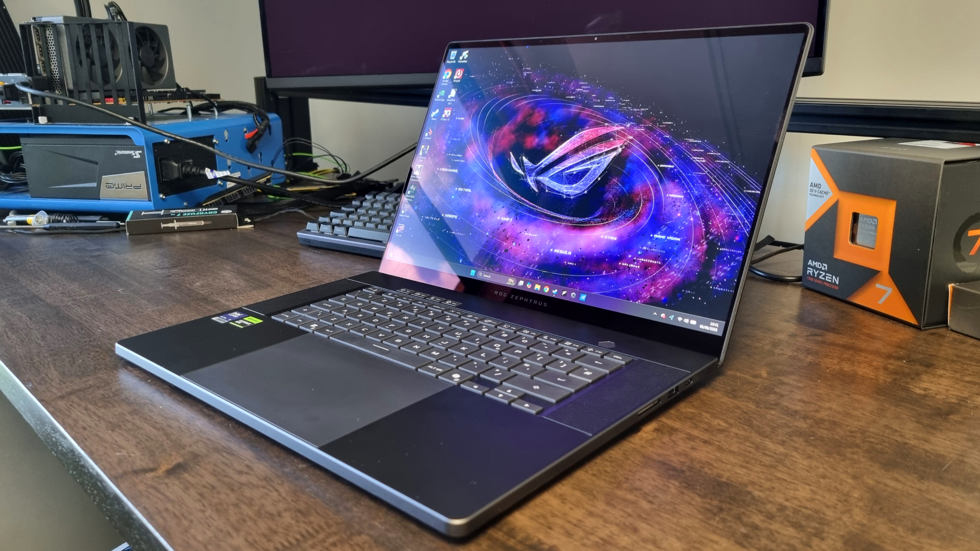 The Asus ROG Zephyrus G16 (2026) sitting on a test bench