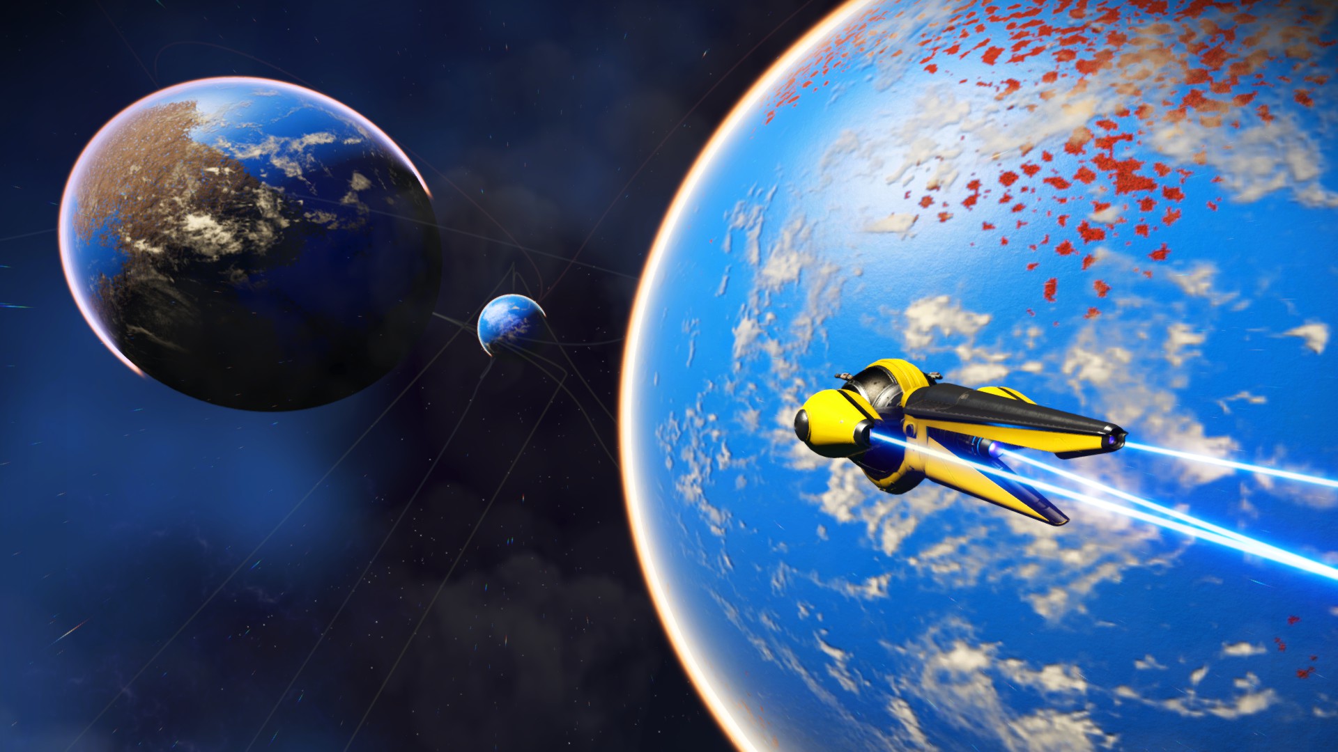 A spaceship flying past a blue planet