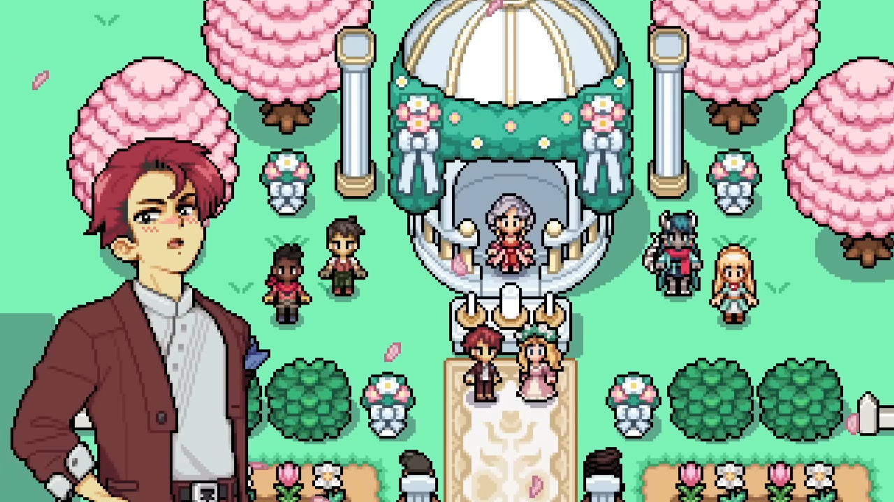 Fields of Mistria - March and the player stand together at a wedding altar in front of a crowd