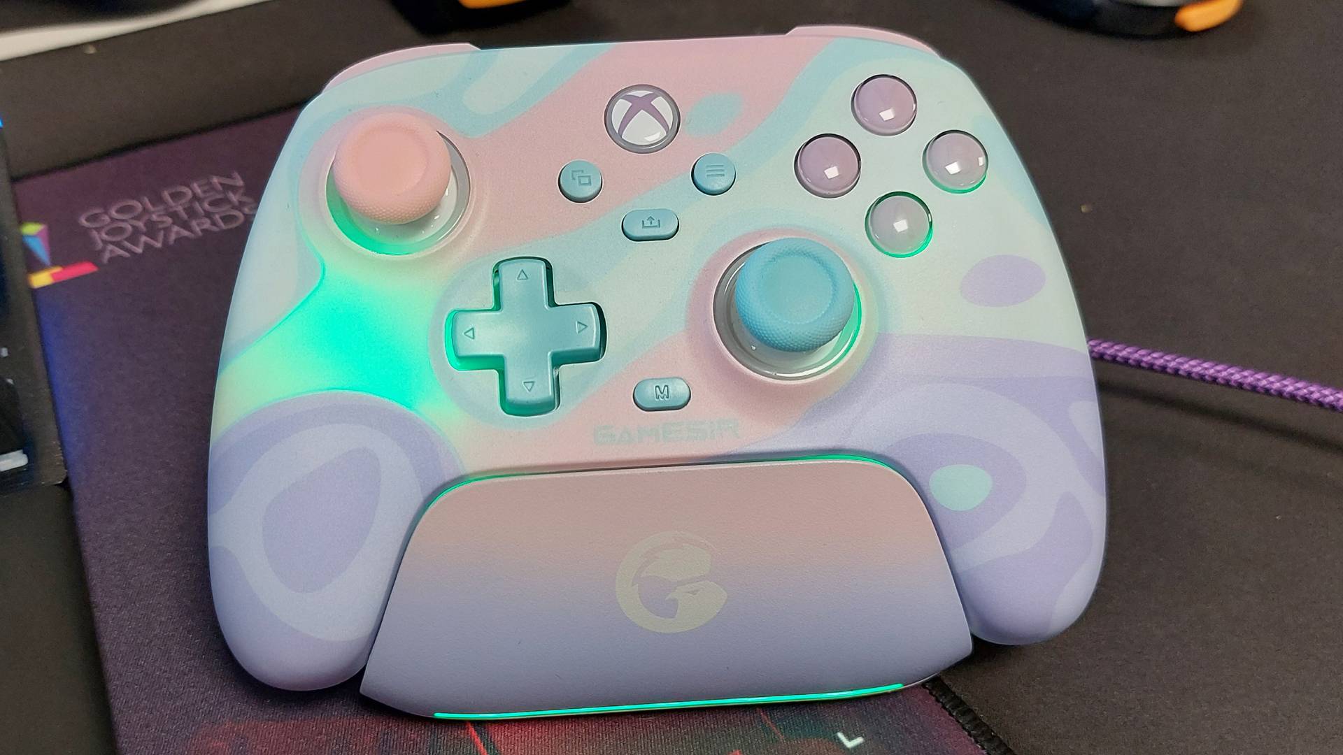 The GameSir T7 Pro Sugar Whirl Wireless Controller seen from various angles.