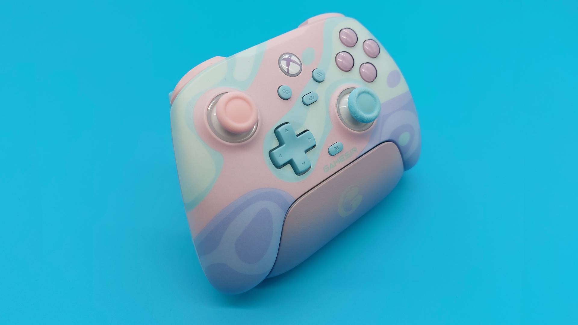 The GameSir T7 Pro Sugar Whirl Wireless Controller seen from various angles.